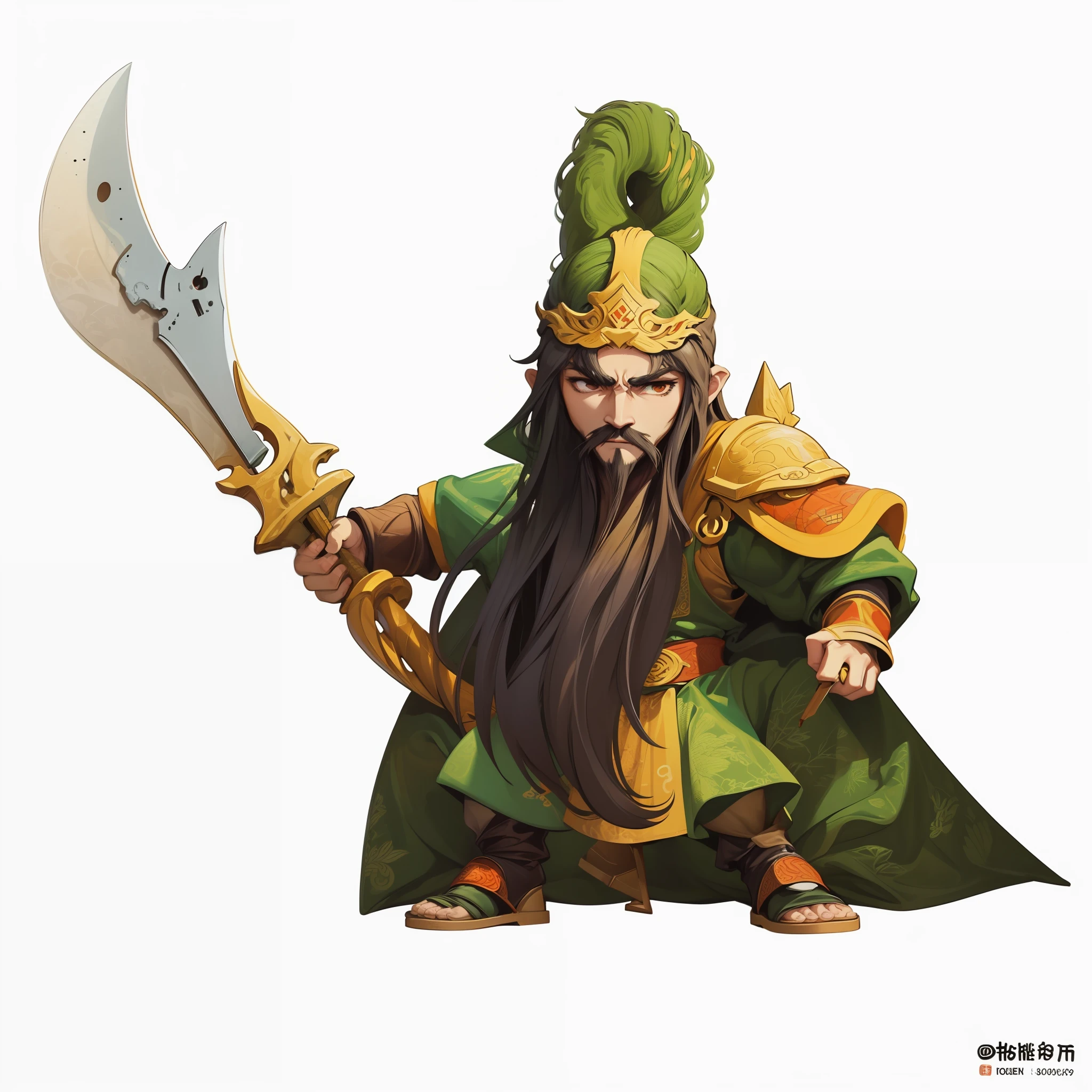 The image of Guan Yu in the Romance of the Three Kingdoms,Q version,Green clothes,Large knife in hand,tmasterpiece,最好质量,Highest high resolution
