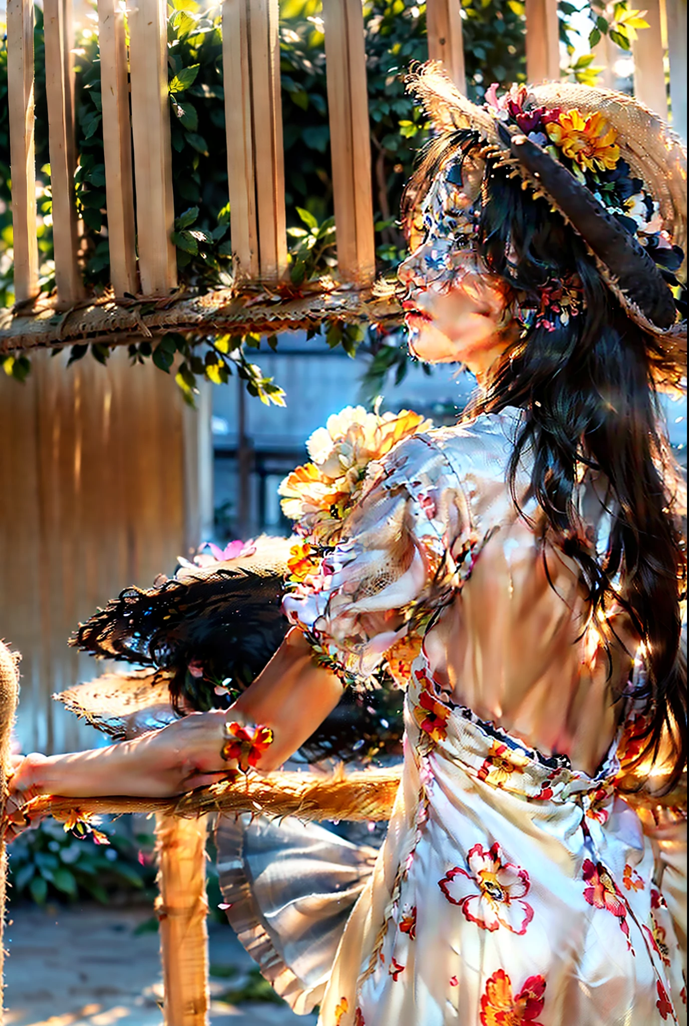 (extreme close up:1.5), (face focus:2),(Style of ???? ???:1.5),
((side face:2)),(1girl surrounded by soft_light:1.5), (backlighting:1.8), (lighting),(flowing fabric:1.3), ((Floral_summer_dress:1.5),(Straw_hat:1.3)),
(masterpiece), realistic, HDR, highly detailed, 8k, raw photo,
ambient occlusion, natural, harmonious composition, warm tones, fine art photography,