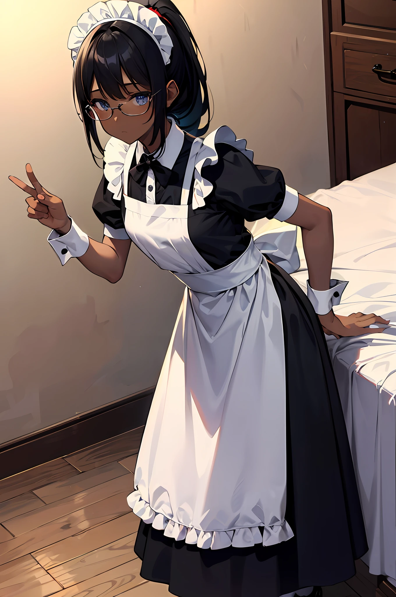 Top quality, absurdres, very precise detailed, extremely detailed 8K wallpaper, from_side, leaning_forward, dark skin, black hair, ponytail, flat_chest, BREAK, classic maid, Expressionless, maid_headdress, glasses, wrist_cuffs, maid, frills, indoors, bed_sheet, (five fingers, 4fingers and 1thumb),