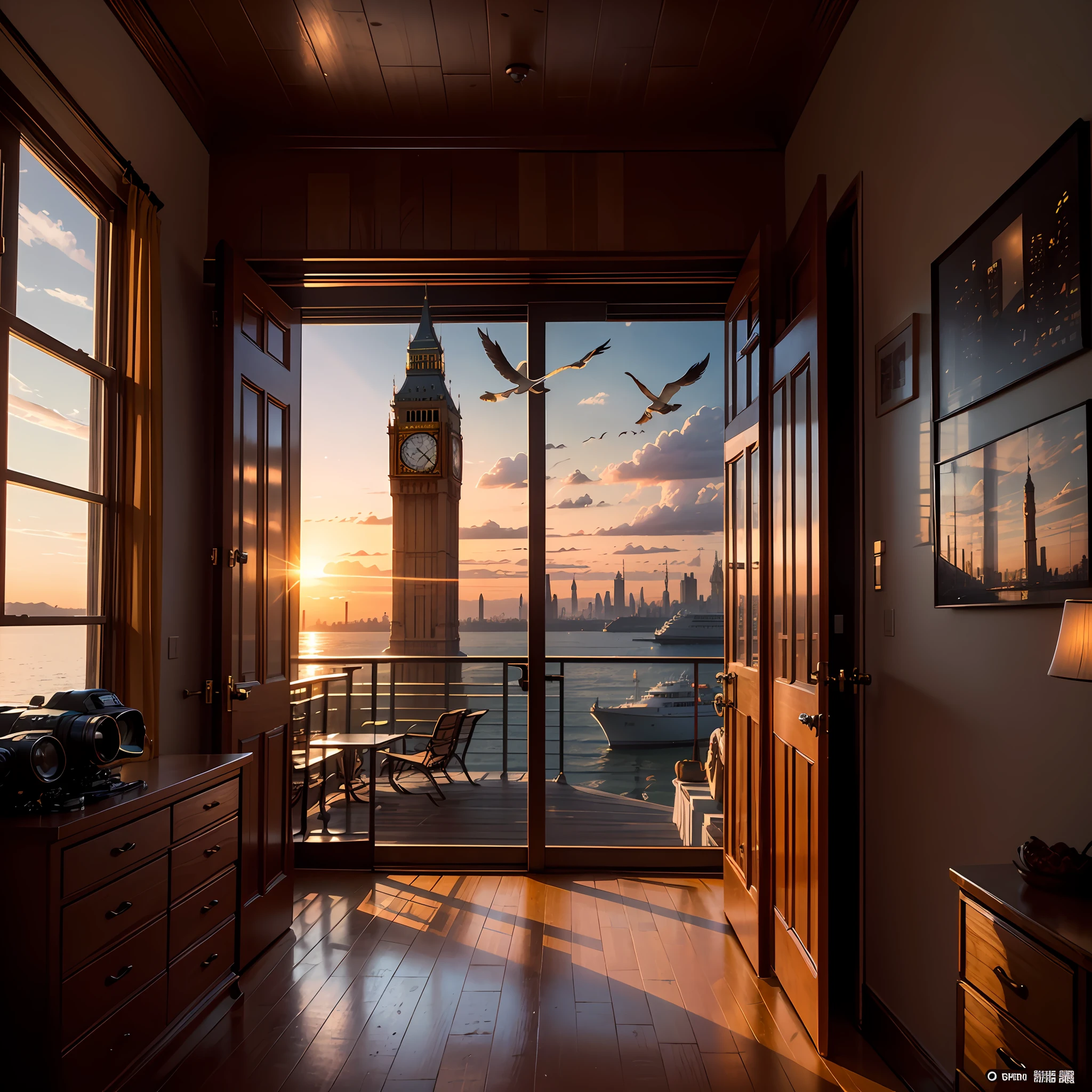 New York Sunrise,City sunrise,skyscrapper,A silhouette of a city formed by sunlight,the clock tower,A big Ben,pigeons,palmeiras ,Bay in the distance,Mooring vessels,sea surface,shoreline,Clouds,lamplight,Planes,Horizontal angle view,Horizontally angled lens,Horizontal viewport,Compress space photos,Nikon camera 120mm telephoto lens shooting,telephoto lenses,American comic book style,The color is stable,Exquisite architectural details,sunraise,The sun details are obvious,The bay stands out in the picture,There are cruise ships docking in the bay,Big Ben has flocks of birds flying around,Exquisite architectural details,The bay is directly ahead of the view。