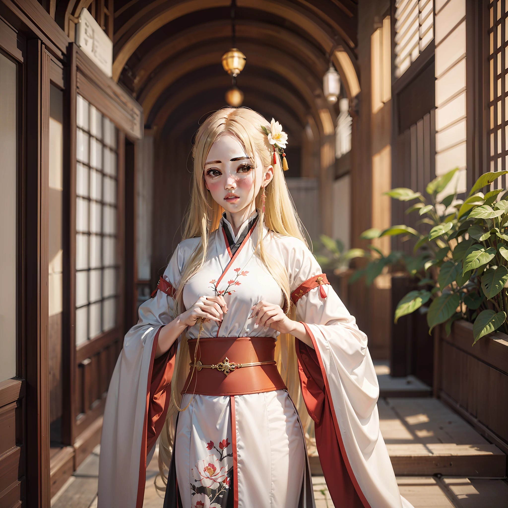 white  clothes，Chinese ancient robes，white skinned，white color hair，Long hair，red color eyes，looking to the camera，Stand on a high platform inside the temple，Look up，full bodyesbian，There is a holy light on the body，Screen very dark，Four Heavenly Kings，Wooden statue，Need，masterpiece，tmasterpiece，Masterpiece