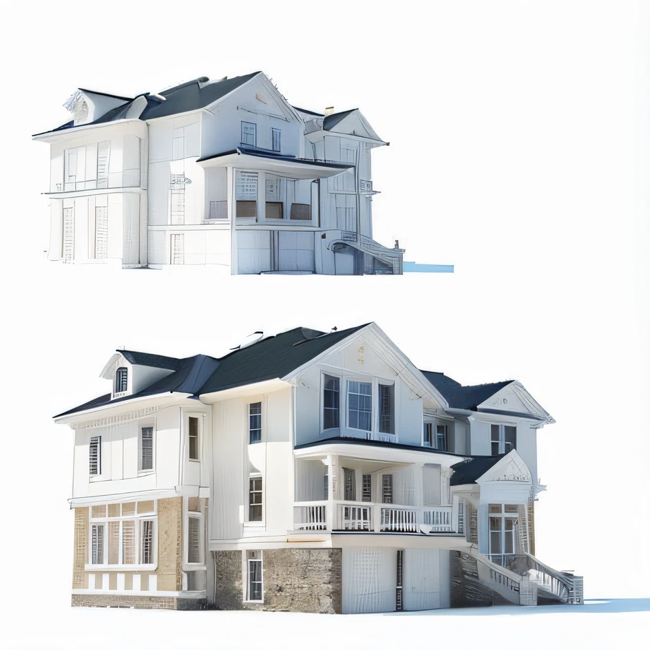 Arafeld House，There is a balcony and balcony on the second floor, 3 d rendered, 3D rendering of, front and side elevation, building rendering, architectural 3 d render, orthographic 3d rendering, 3 d rendered!, 3D rendering of!, an extremely detailed building, 3 d models, 3 d model, all white render, casa, realistic building, White House