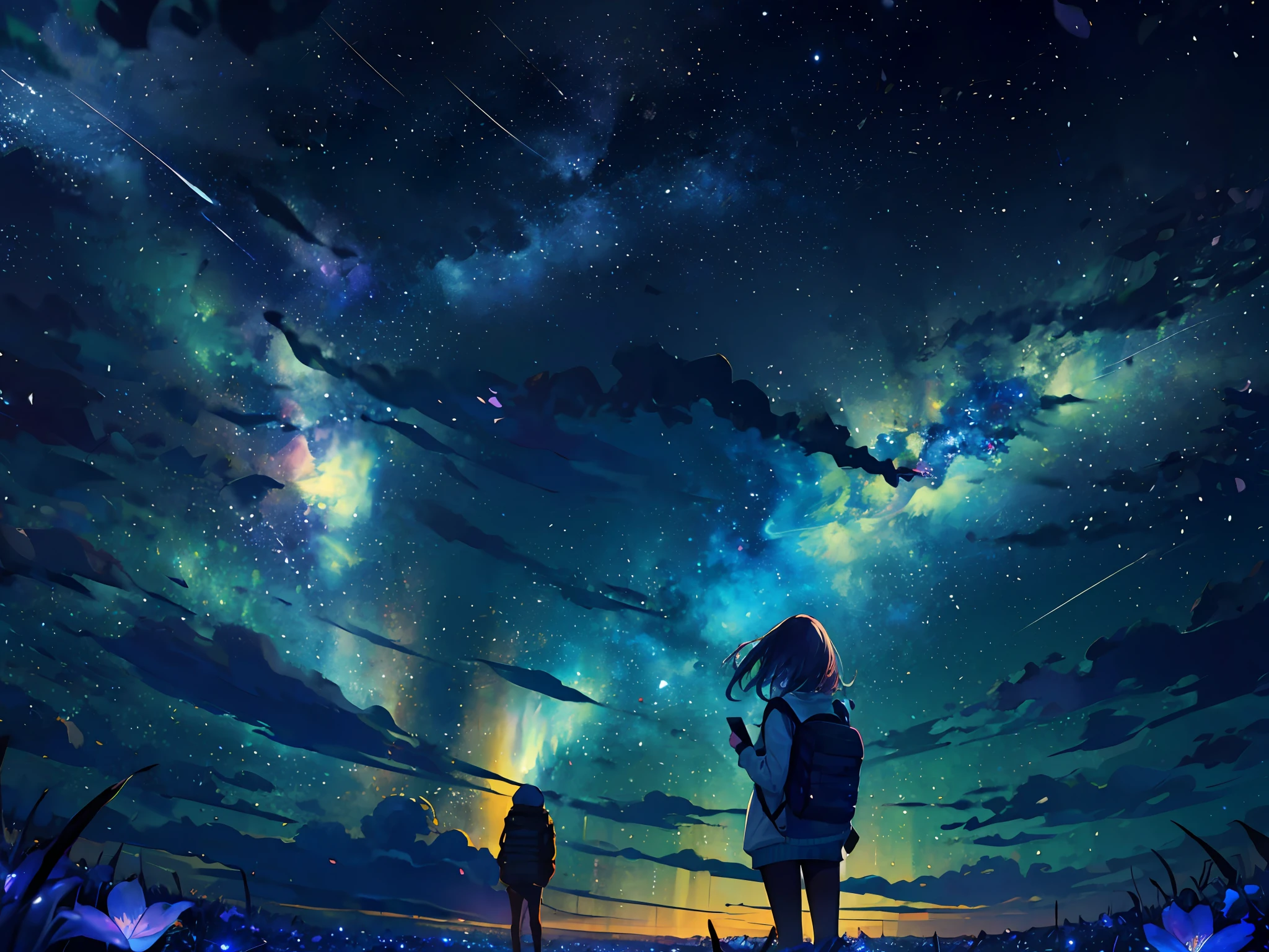 Girl Carrying a Backpack、Stargazing at the stars、(zoomout:1.4)、(Meteor swarm:1.2)、(comets:1.1)、low angles、from the rear、Aurora、shooting stars、Surrounded by petals、Standing in the field、top-quality、masterpiece、clouds、colourfull、starrysky、stele