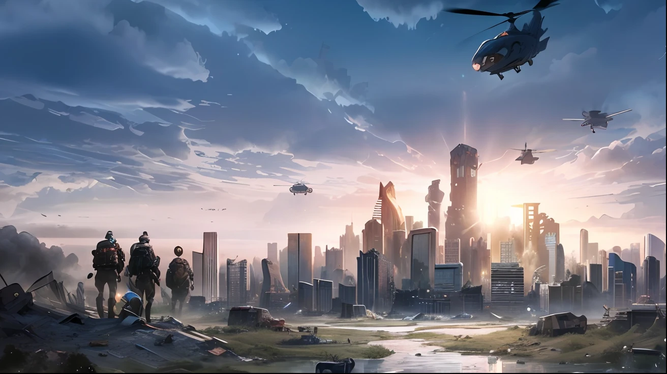 A city，A helicopter flew over it，Image of Alafde, destroyed city in background, ruined city in the background, Dystopian digital concept art, post - apocalyptic city, ruined city in the background, dystopian scifi apocalypse, dystopin future, concept art 2022, An abandoned dystopian city, fps game concept art, City in the background