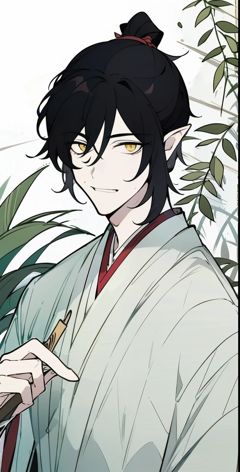 (((1boy))), ((toned)), male focus, masterpiece, high quality, (masterpiece:1.2), (best quality:1.2), shiny, realistic, ornate, intricate skin, ((black hair)), (short hair), golden eyes, hair_stick, hot_boy, japanese_clothes, jewelry, solo, pointy_ears, hair_bun, hair_ornament, hair_pin, holding_fan, paper_fan, elegant, looking_at_viewer, holding_fan, red_eyeliner, FH, sad eyes, looking at the horizon, constricted pupils, dynamic pose, (shadows cast over face:1.3), sexy smile, (upper body), crazy