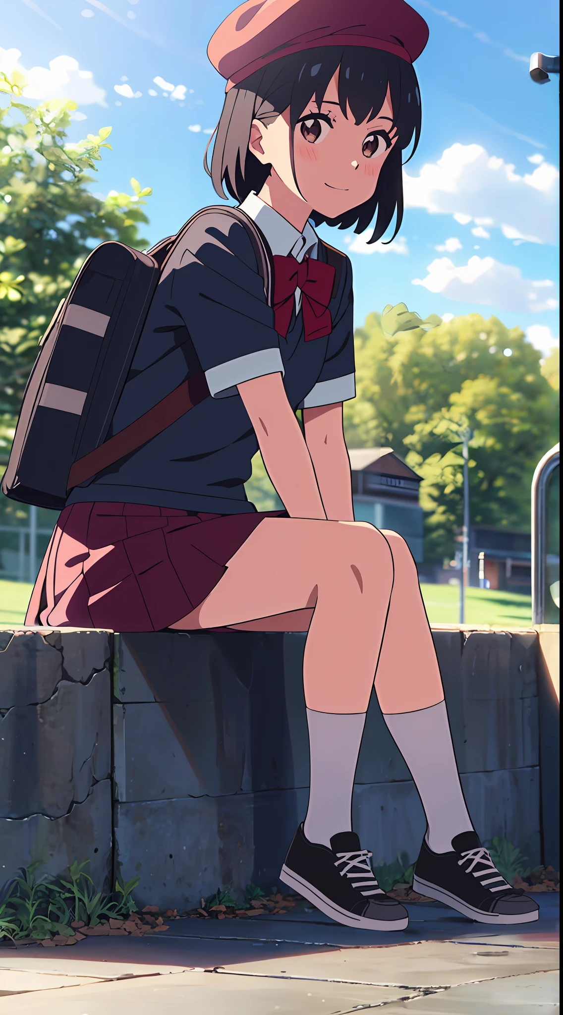 shinkai makoto, kimi no na wa., 1girl, bangs, black hair, blue sky, blush, brown eyes, cloud, collared shirt, headband, looking at the viewer, Negative Space, Outdoor, outside, bright, red headband, red ribbon, school, school uniform, shirt, cap, red cap, short hair, sky, smile, solo, white shirt, red skirt, school, mid-socks, white socks, black sneakers, full body, school backpack