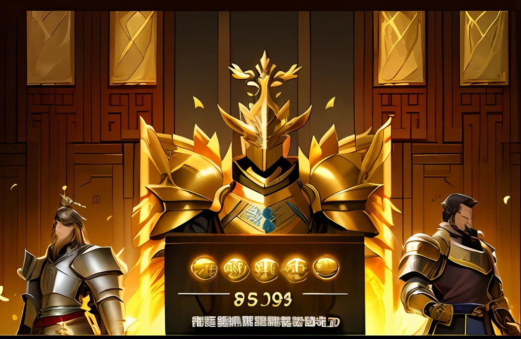there is a picture of a video game with a picture of a man, style of duelyst, gold obsidian armor, golden armor wearing, Heavy gold obsidian armor, golden and copper shining armor, chinese three kingdoms, the golden cat armor knight, loading screen, G Liulian art style, xianxia hero, gold paladin, gold armor