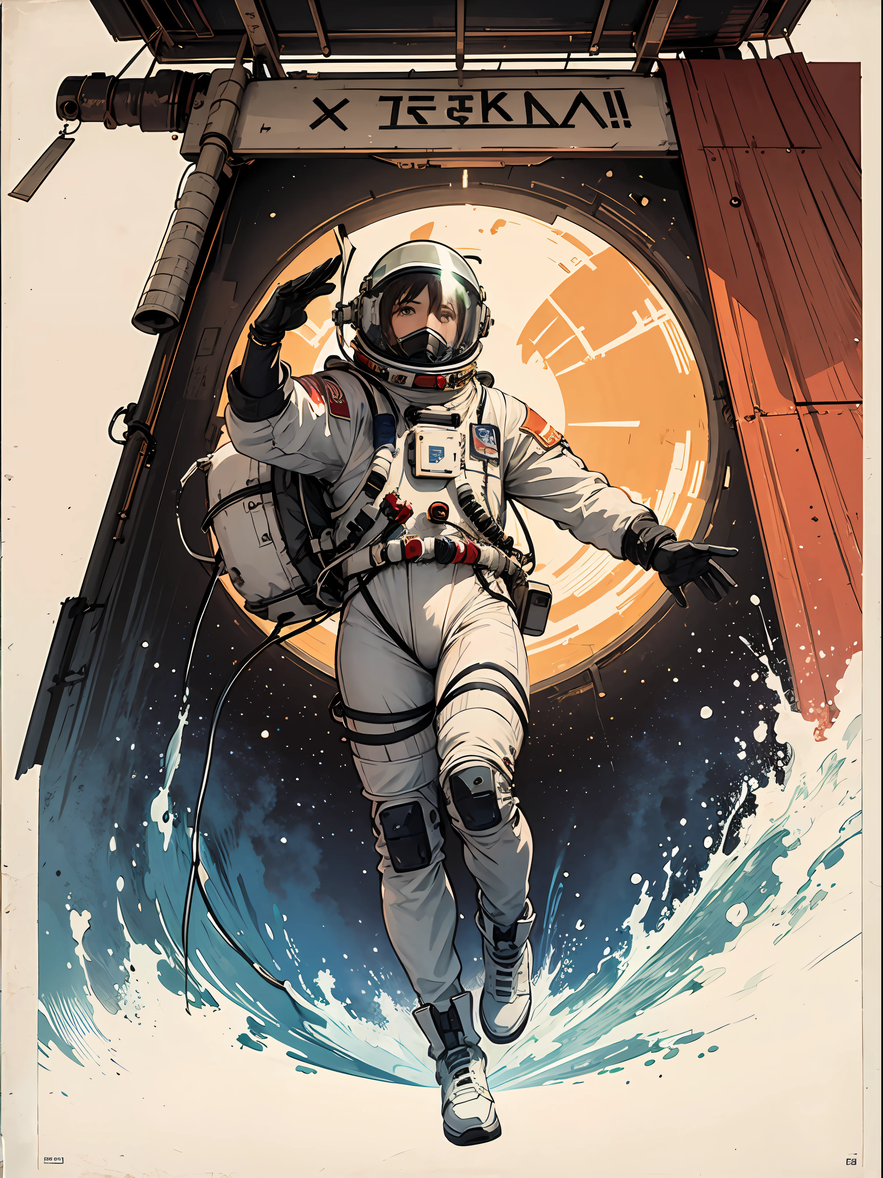 CCCPposter,sovietposter,Red monochrome,USSR Poster,urss,communism,,space suit:Orange_clothing_body:jumpsuit ), white_gloves, white_space shoes, white_helmet, CCCP red letter on the top of the helmet, in weightlessness, Side light, reflection, The person in the spacesuit is in the lower left of the picture,The right hand is outstretched,The right hand gently touches the Salyut space station),Space station in the upper right corner of the screen,The sun reflects light,Silver metal,red flags,luster,style of the USSR,diffused reflections,metalictexture,The vista is the blue earth,in mecha style,star ocean,high key,Homem-Imponente