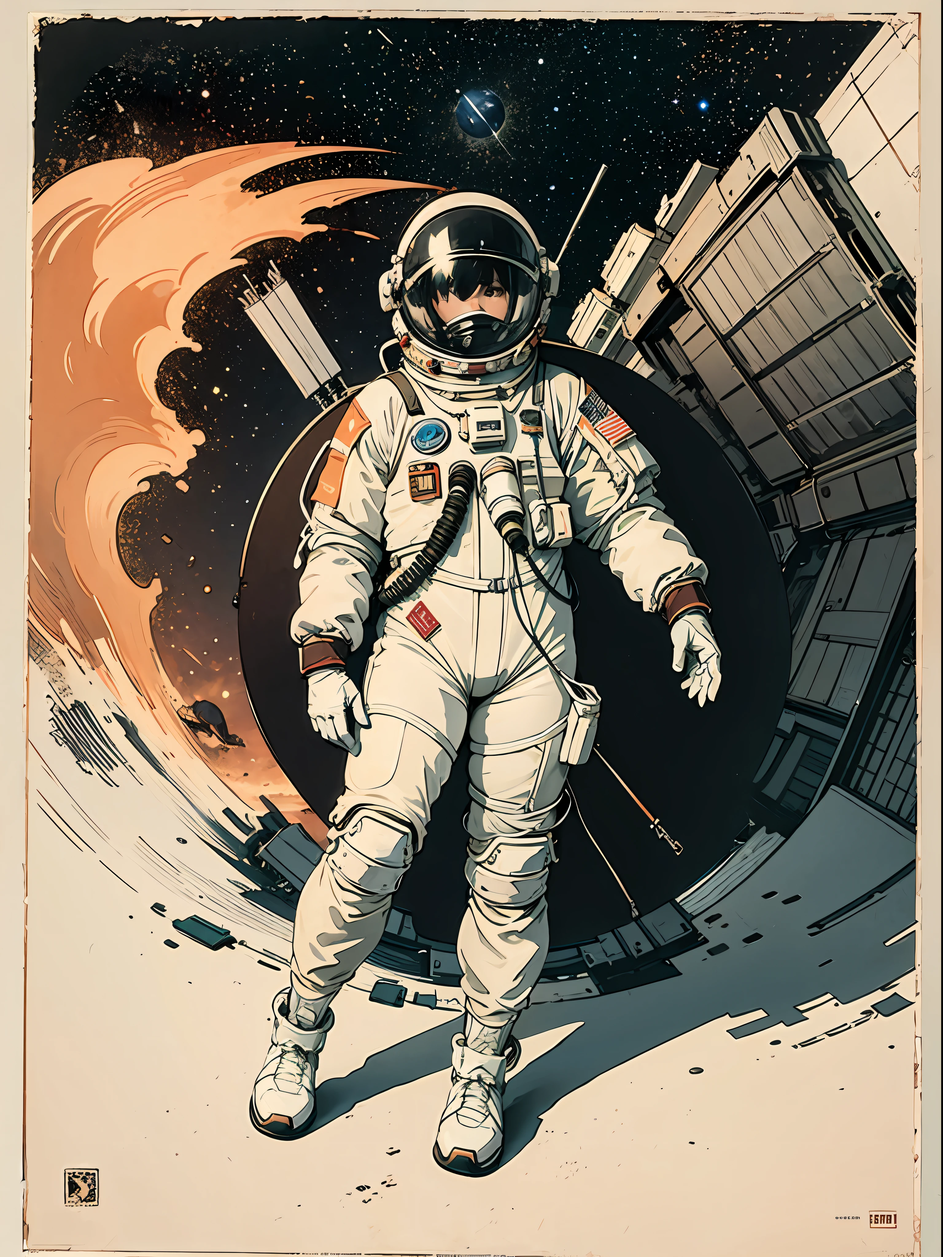 CCCPposter,sovietposter,Red monochrome,USSR Poster,urss,communism,,space suit:Orange_clothing_body:jumpsuit ), white_gloves, white_space shoes, white_helmet, CCCP red letter on the top of the helmet, in weightlessness, Side light, reflection, The person in the spacesuit is in the lower left of the picture,The right hand is outstretched,The right hand gently touches the Salyut space station),Space station in the upper right corner of the screen,The sun reflects light,Silver metal,red flags,luster,style of the USSR,diffused reflections,metalictexture,The vista is the blue earth,in mecha style,star ocean,high key,Homem-Imponente