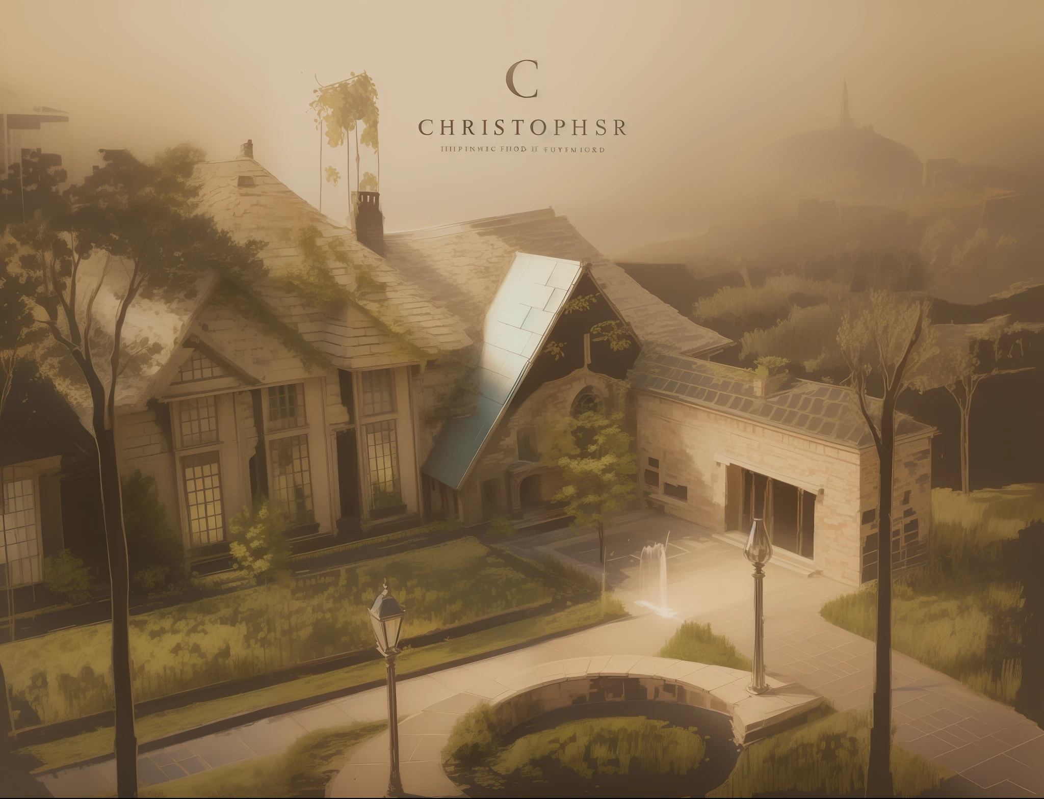 a view of a house with a fountain in the front yard on grass , inspired by Christian W. Staudinger, inspired by Christopher Moeller, architectural modrem, conceptual rendering, christopher alexander, inspired by Claes Jansz. Visscher, concept drawing