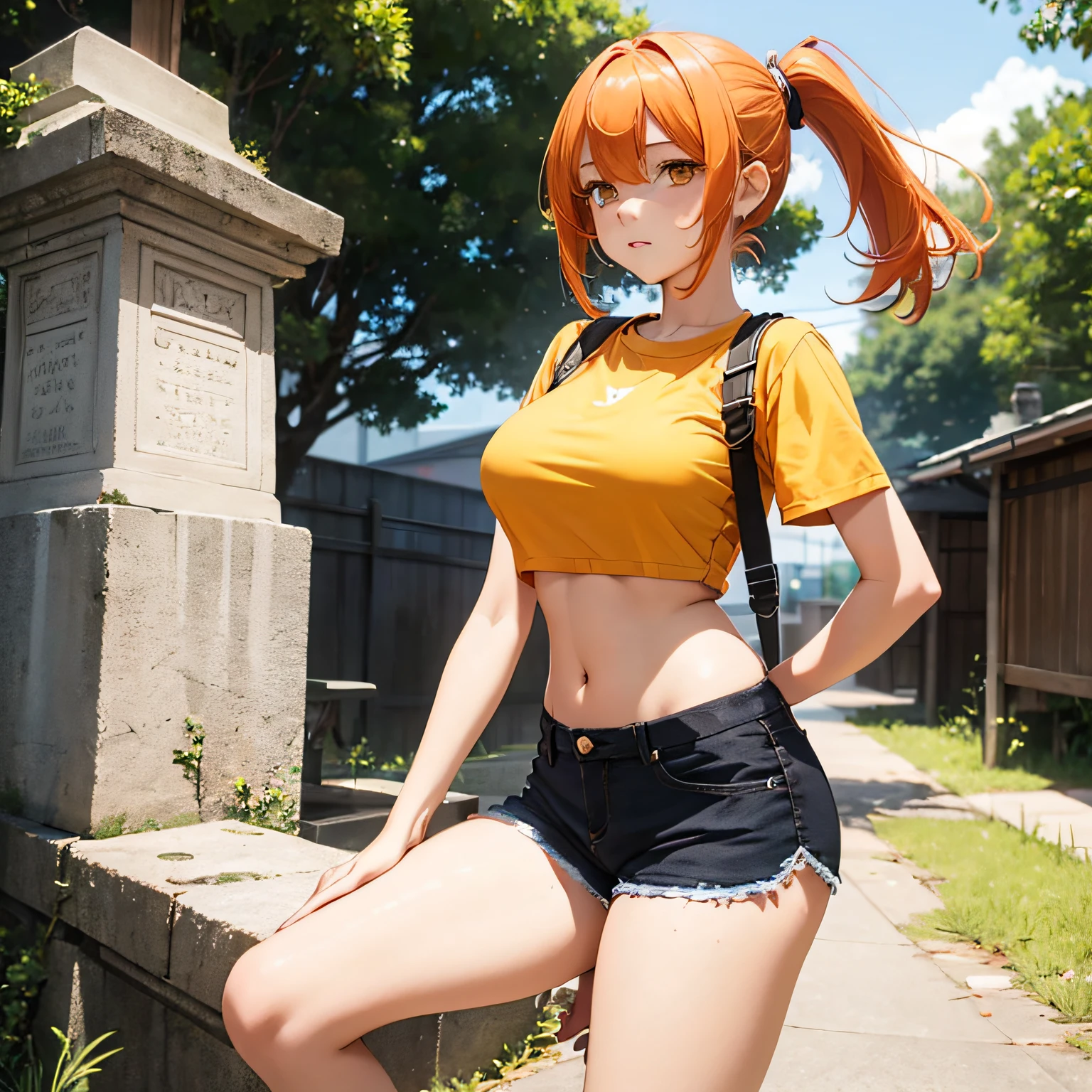 s girl,Orange hair ponytail,Yellow eyes,Skinny crop top,short- sleeved,Loose shorts,anime big breast,Ancient wind,smallunderboob,adolable --auto