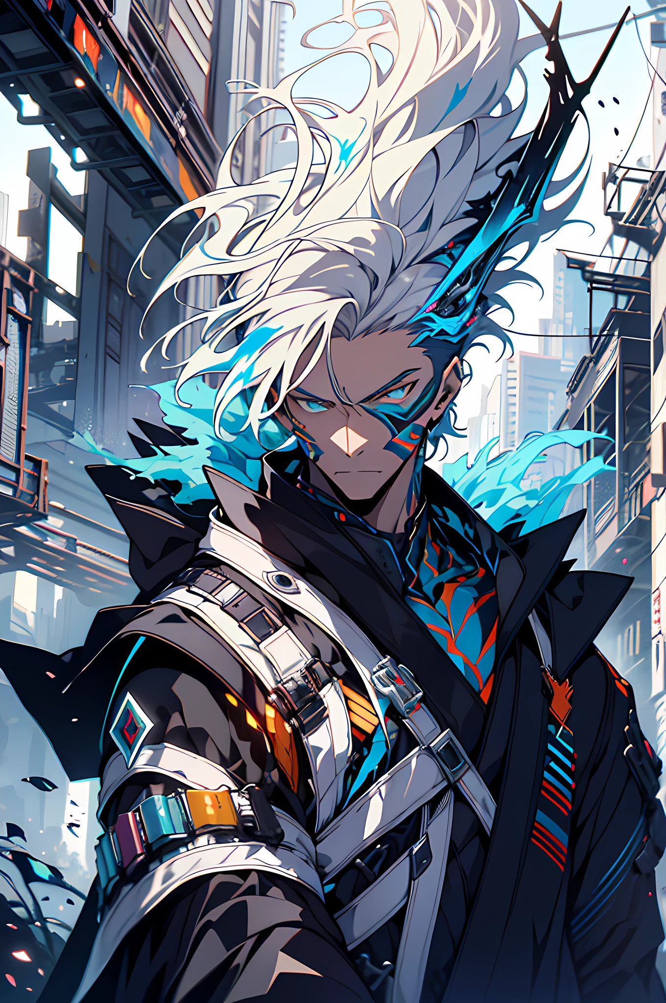 Cyberpunk male, fantasy world, dark background, clean design, epic instagram, artstation, colorful paint splatter, silhouette, hyper detailed intricate details, unreal engine, fantasy, intricate details, splash screen, complementary colors, Fantasy concept art, 8k resolution, deviantart masterpiece, oil painting, heavy strokes, paint dripping, (isolated on white background: 1.3), rainbow skin, (((handsome young man))), ((age:1.5) ), (glowing blue eyes), ((light eyes)), ((((short white hair: 1.1))), ((black clothes)), (prince\\(indifferent expression\\),, ( ((Wears high detail luxurious black robe))), white hair, (chest) --v 6