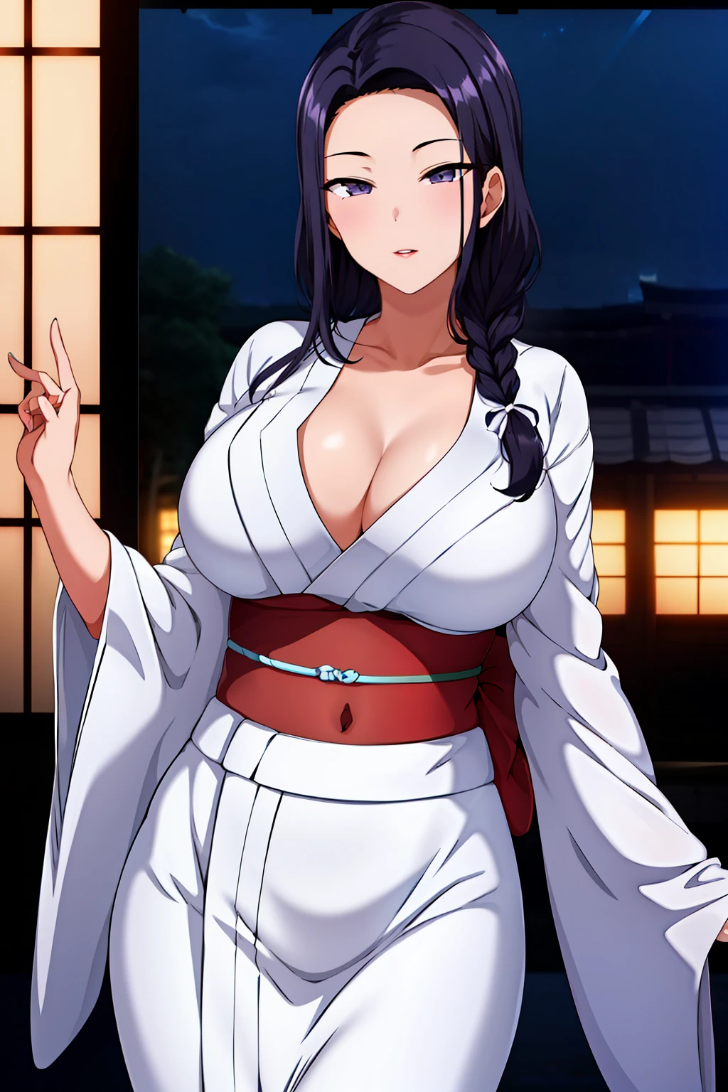 (Night:1.7), Japan, Tokyo, CityView, Before Window,
Standing at attention,
(White_kimono:1.3),cleavage,
black_hair, long_hair, hair_pulled_back,parted_lips,purple_eyes, braid,
1 girl, 24yo,mature female,Beautiful Finger,Beautiful long legs,Beautiful body,Beautiful Nose,Beautiful character design, perfect eyes, perfect face,
looking at viewer, in the center of the image,
NSFW,official art,extremely detailed CG unity 8k wallpaper, perfect lighting,Colorful, Bright_Front_face_Lighting,
(masterpiece:1.0),(best_quality:1.0), ultra high res,4K,ultra-detailed,
photography, 8K, HDR, highres, absurdres:1.2, Kodak portra 400, film grain, blurry background, bokeh:1.2, lens flare, (vibrant_color:1.2)
(Beautiful,large_Breasts:1.4), (beautiful_face:1.5),(narrow_waist),