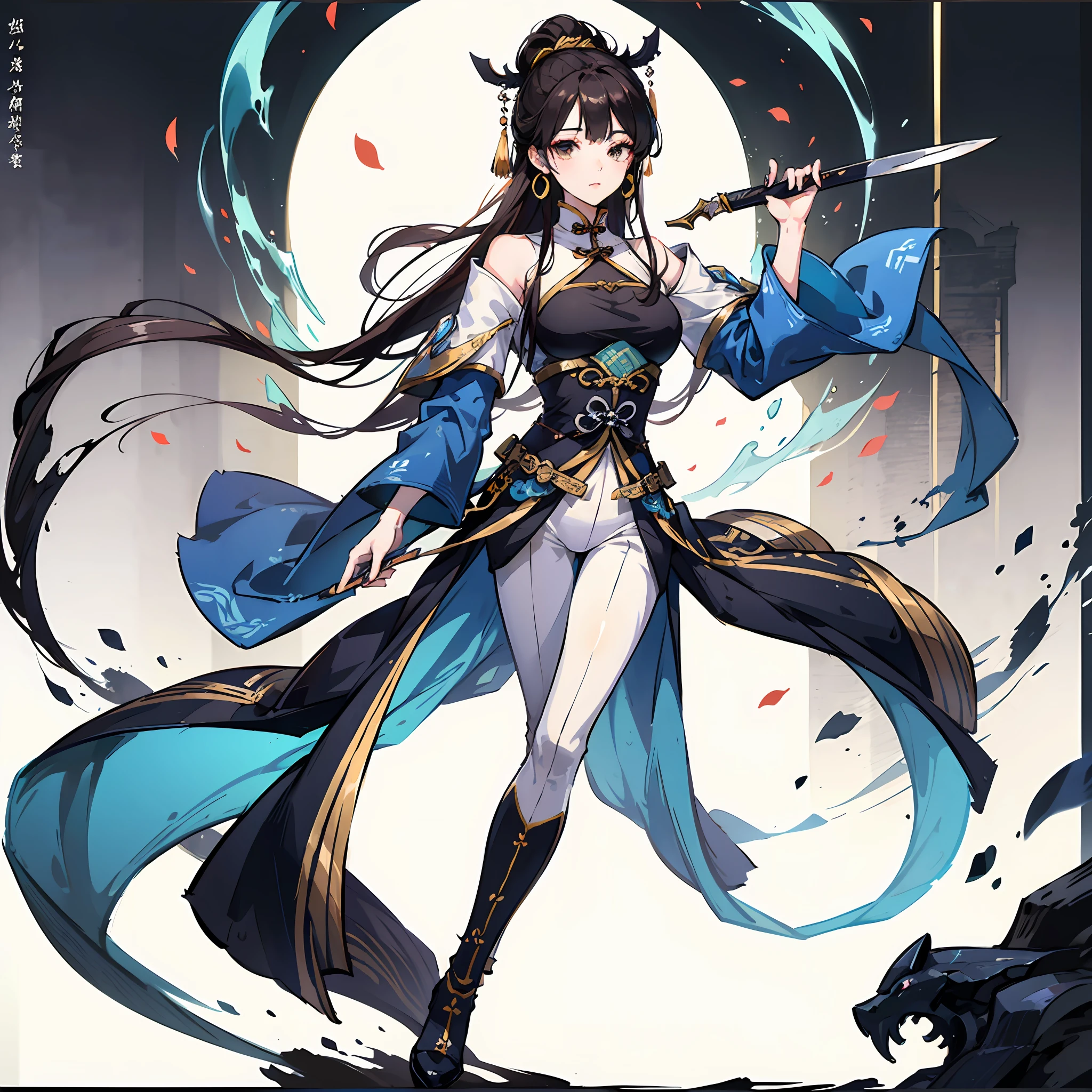 Smooth white period costume, full-body xianxia, Very beautiful girl。A large knife behind him --auto