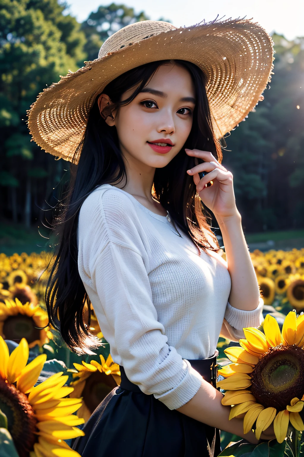 (in 8K、 Raw photography、top-quality,、hight resolution),、(hyper realisitic)、(realisitic),、Soft light、、girl with、Lifelike face、Realistic body、real looking skin、absurderes、​masterpiece、Cuties、独奏、Innocent eyes、blusher、Cinema Lights、cherry colored lips、The hair 、a closeup、looking at viewert、 Open lips,、Upper teeth,、(Smiling eyes:0.6)、eyes focus、professionally lit、CG Social Trends、Plastic En、((Black Long Hair))、((Beautuful Women))、(A smile)、Fashionable、(A sexy)、Hair that flutters in the wind、((Flowing hair))、Happy -、fashion magazine、((lighting like a movie))、(Sun flower)、sunflowers fields、((the morning sun))、Hats、