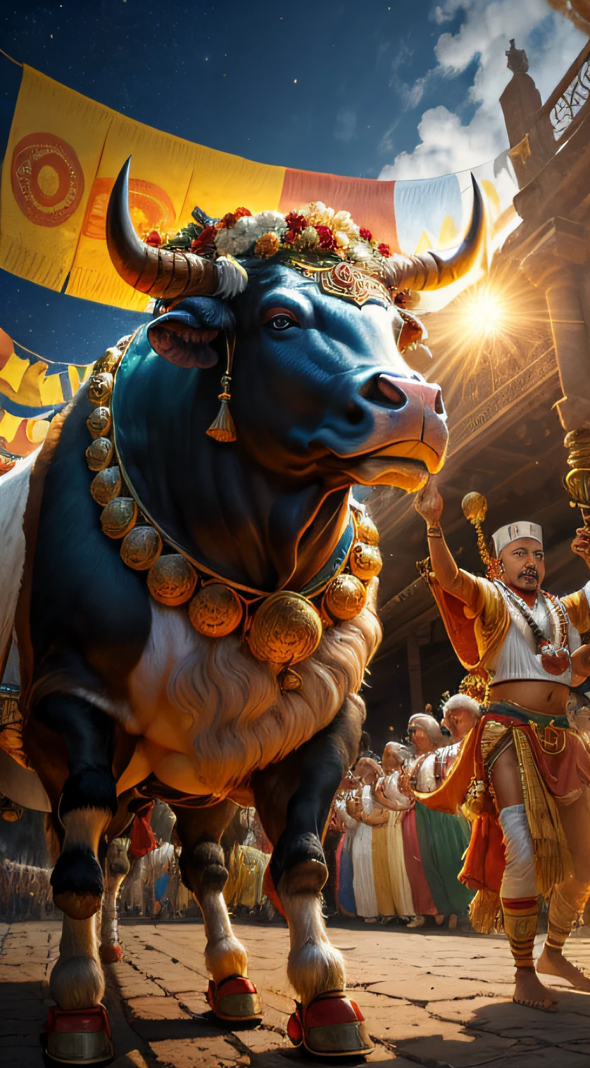 ((masterpiece)), ((best quality)), 8k, high detailed, ultra-detailed, 
The scene depicts a magnificent and sacred bull named Apis, surrounded by a jubilant crowd of people. They gather to celebrate and honor the bull, showcasing its elevated status as the embodiment of the sun god and its significance in protecting life.

The main elements in the scene are:
- Apis, an imposing and regal bull with a radiant aura, adorned with elaborate ceremonial ornaments
- People from all walks of life, including priests, farmers, and children, encircling Apis with reverence and admiration
- Vibrant decorations and flowers adorning the bull's horns, symbolizing its divine connection to nature and fertility
- A festive atmosphere, with colorful banners, streamers, and ribbons fluttering in the air
- The presence of musicians playing traditional instruments, creating a lively and joyous ambiance
- Ritual dances performed by the crowd, expressing their gratitude for the bull's protection and life-giving powers
- Symbolic representations of the sun god, such as a golden disc or rays of sunlight, shining upon Apis and the crowd
- Smiles and expressions of awe on the faces of the participants, reflecting their deep faith in the bull's sacred nature and its role in safeguarding life

The final prompt: 
((masterpiece)), ((best quality)), 8k, high detailed, ultra-detailed, 
A depiction of the sacred bull Apis, surrounded by a joyous crowd, celebrating its role as the embodiment of the sun god and its significance in protecting life. Apis, people, vibrant decorations, festive atmosphere, musicians, ritual dances, symbolic representations of the sun god, expressions of awe and gratitude.