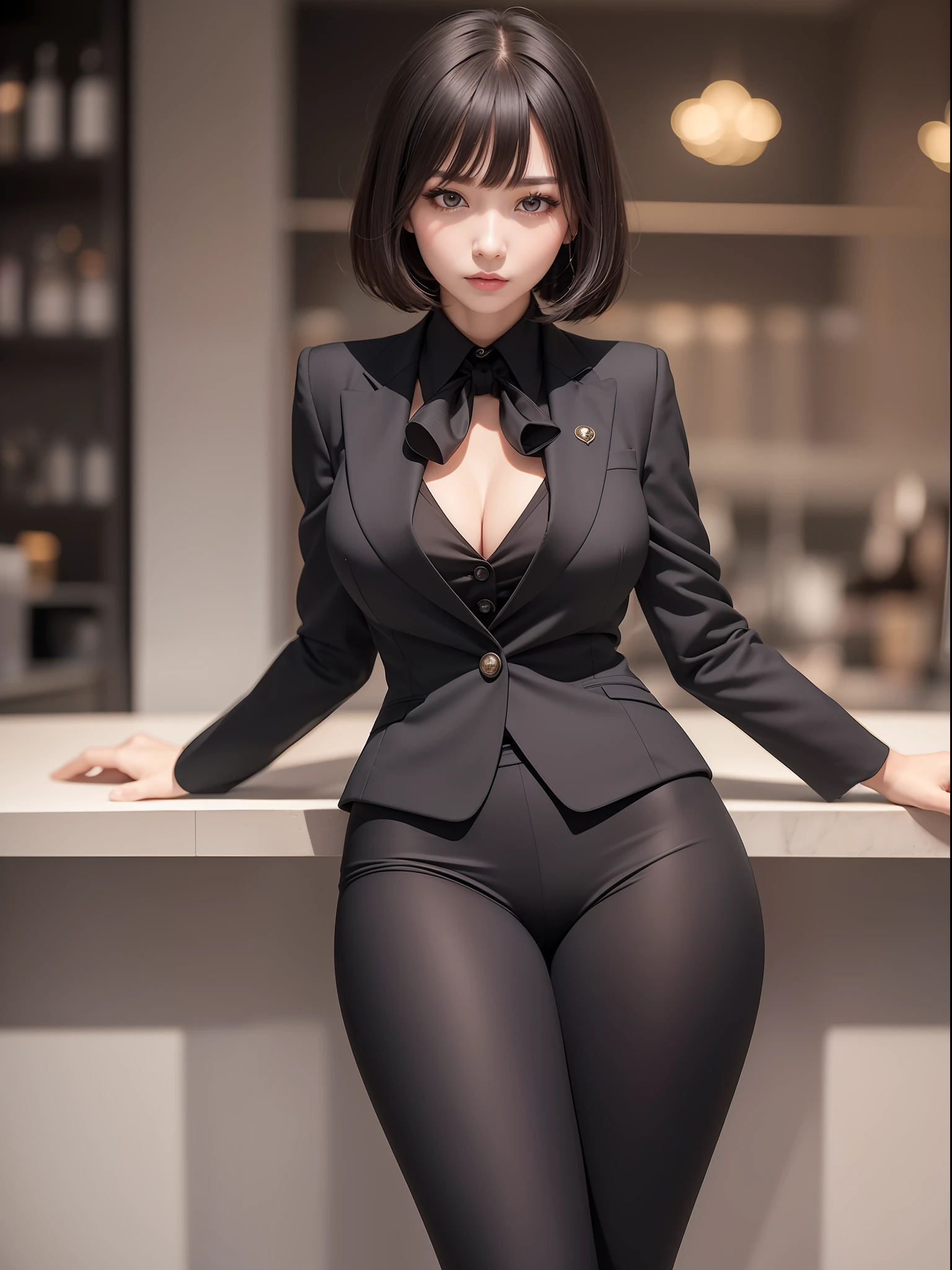 masuter piece, best qualtiy, (((realisitic, Photorealsitic:1.37))), ((Solo)), 8K image quality, Extremely delicate and beautiful, splendid, Official art with attention to detail, Ridiculous, Unbelievably ridiculous, huge filesize, ultra-detailliert, ighly detailed, (Pretty girl), (detailed girl), extremely detailed eye and face, Beautiful detailed eyes, Light makeup,, (Perfect female figure),  Slim waist, (Korean  beauty), ((fullllbody)), (short-hair), With bangs, (((Black business suit))), ((cold stare)), Dim bar counter,