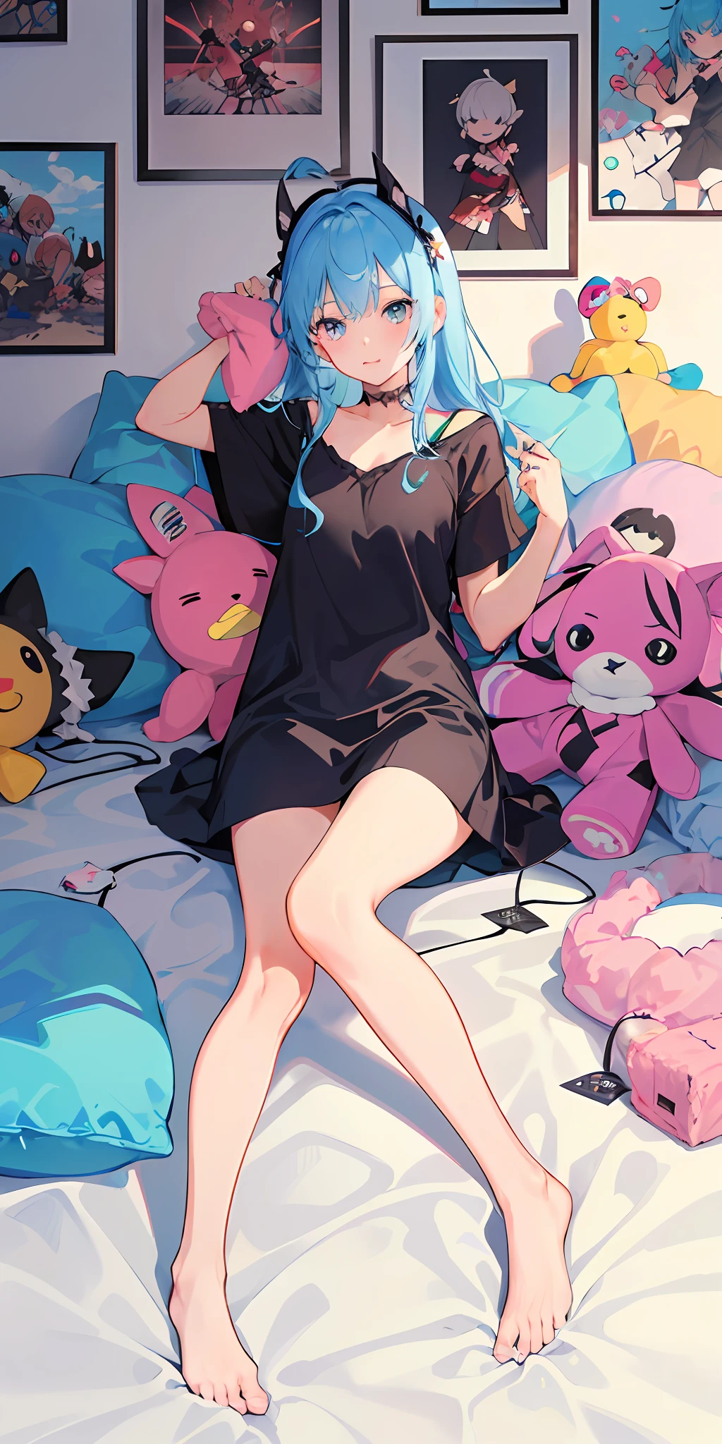 ((tmasterpiece,best qualtiy)),(1girll),美丽细致的眼睛,vibrant with colors,vibrant with colors,messy rooms,plushies,toys,pillow head,blankets,cushion,Posters are posted on the wall,