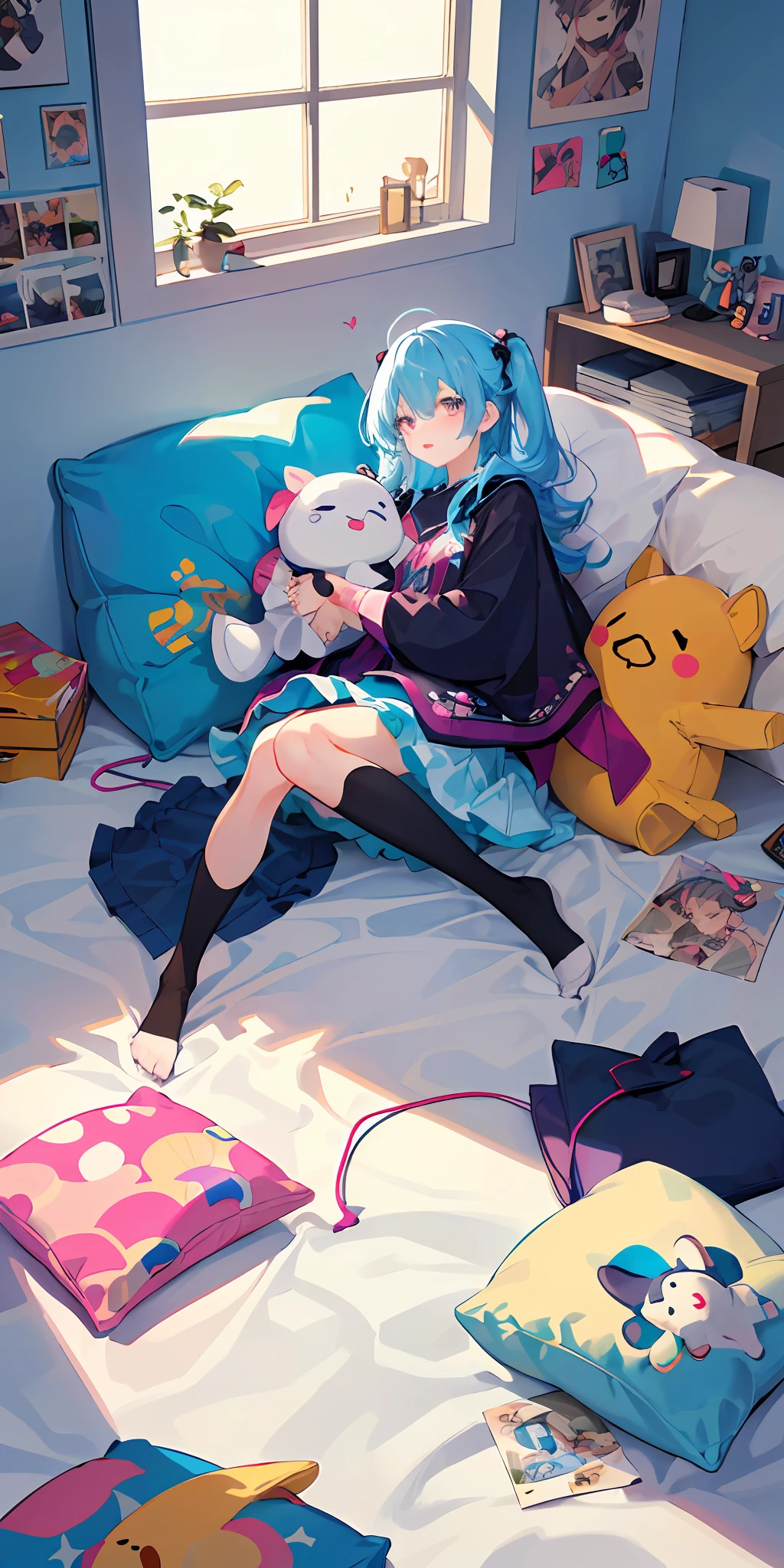 ((tmasterpiece,best qualtiy)),(1girll),美丽细致的眼睛,vibrant with colors,vibrant with colors,messy rooms,plushies,toys,pillow head,blankets,cushion,Posters are posted on the wall,