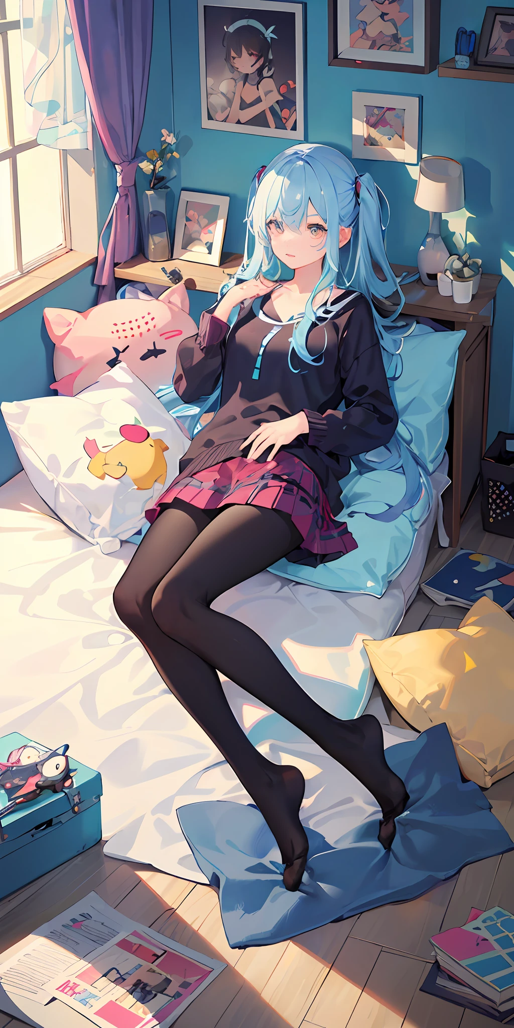 （（tmasterpiece，best qualtiy）），（1girll），美丽细致的眼睛，vibrant with colors，vibrant with colors，messy rooms，plushies，toys，pillow head，blankets，cushion，Posters are posted on the wall，