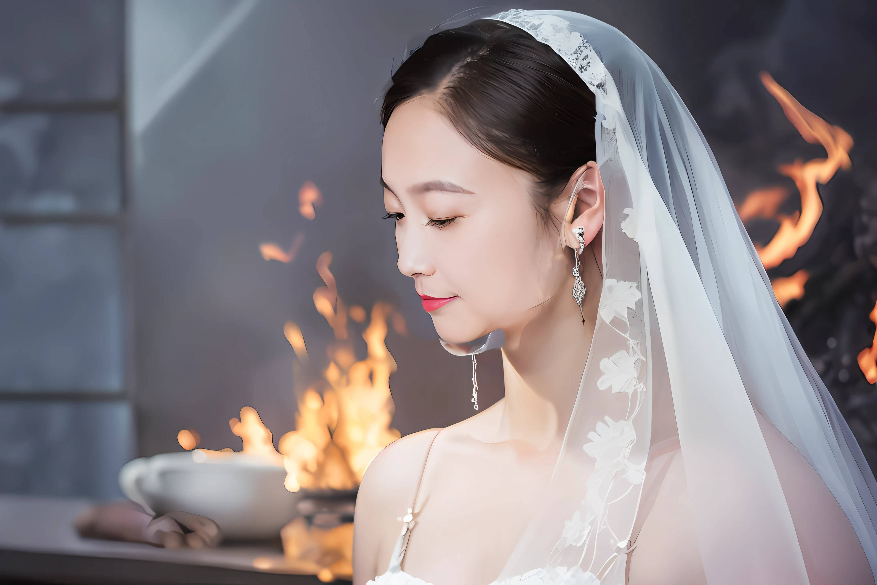 Best quality,masterpiece,ultra high res,(photorealistic:1.4)1girl,beautiful_face,detailed skin,full body,yuhuoshu,jewelry,solo,earrings,(fire:1.3),blurry,realistic,lips,