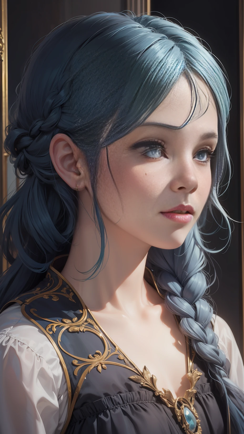 blue hair, french braid, ribbon, tearing up, chiaroscuro, Neoclassicism, 16k, best quality, super detail, anatomically correct