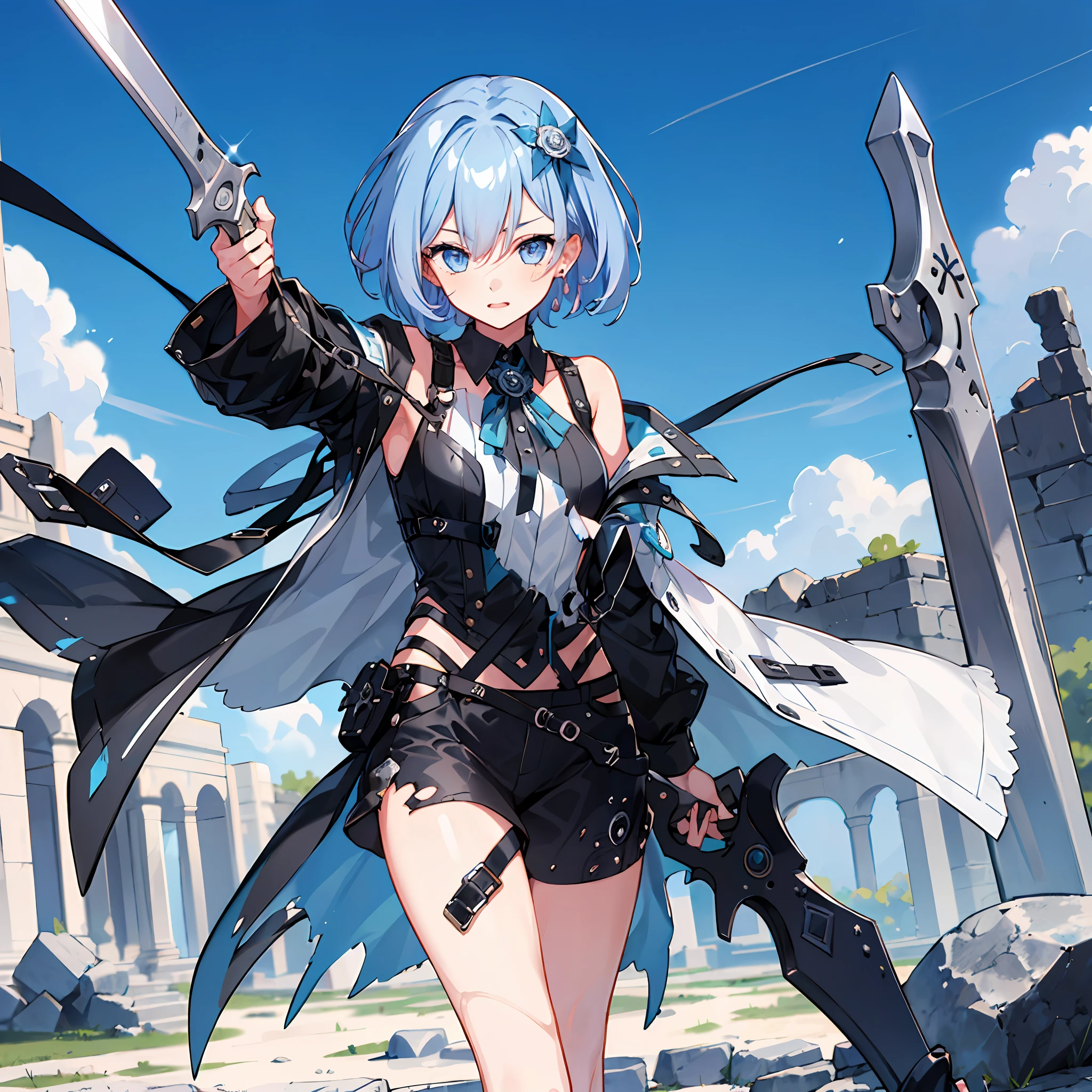 ((masterpiece,best quality)),(1girl, solo:1.4),beautiful detailed eyes, vivid,stone, ruins, (broken sword on the ground), broken weapon, runny makeup,