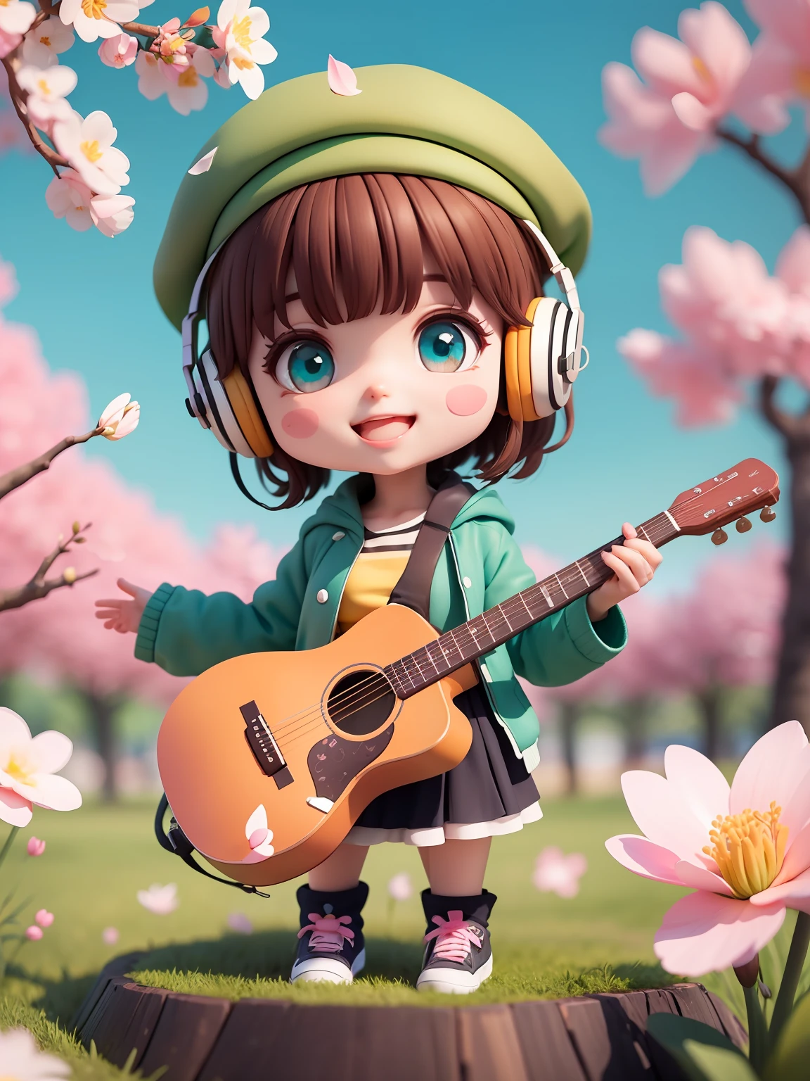 (masterpiece),(best quality),(ultra-detailed), (full body:1.2),
1girl,chibi,cute, smile, open mouth,
flower, outdoors, playing guitar, music, beret, holding guitar, jacket, blush, tree, :3, shirt, short hair, cherry blossoms, green headwear, blurry, brown hair, blush stickers, long sleeves, bangs, headphones, black hair, pink flower,
(beautiful detailed face), (beautiful detailed eyes),
