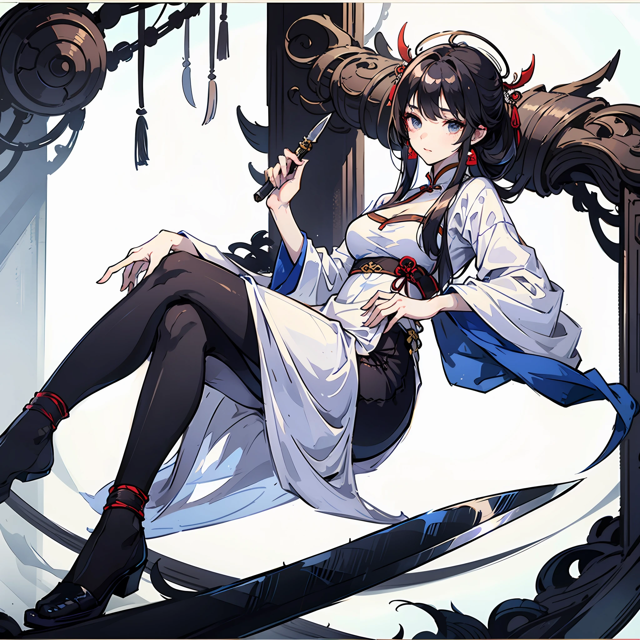 Smooth white period costume, full-body xianxia, Very beautiful girl。A large knife behind him --auto