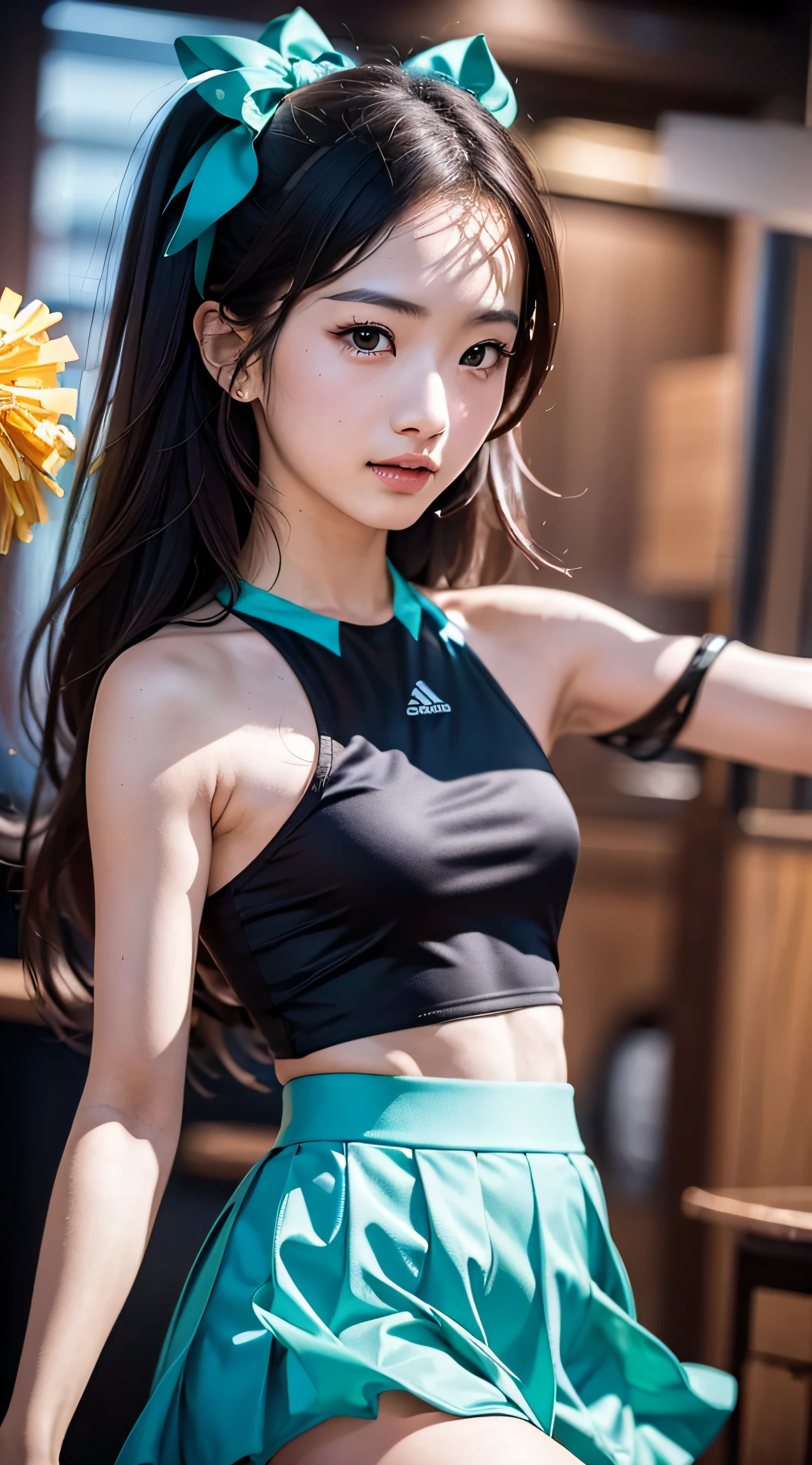 (巨作, Best quality:1.5), Beautiful girl, 8K, 50mm portrait, RAW photogr, absurderes, Delicate girl, (close-up face, Dancing:1.3),  The upper part of the body, front footage, flathead, cheer leader, Cyan cheerleading uniform, Mini skirt, Black gold bow, view the viewer, (Smile:0.6), Shiny skin, breasts focus, Thin arms, a very thin waist, facelight, clear lighting, filmgrain, color difference, Backstreets， (Bokeh:1.1), (Simple background:1.2)