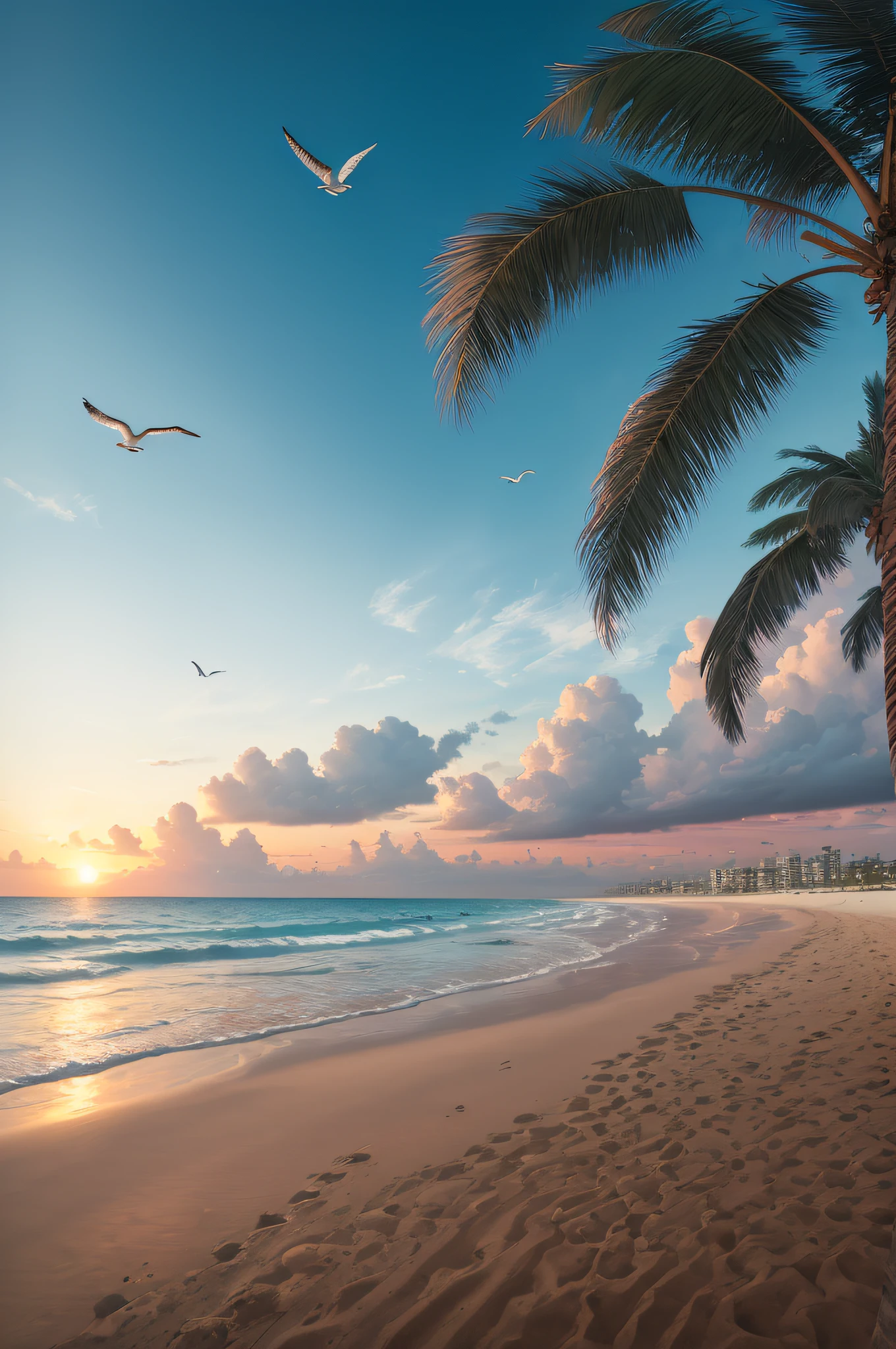 top-quality、masterpiece、mare、Sunset sky、White sandy beach、Seagulls soaring high in the sky、Swaying palm trees、Calm air