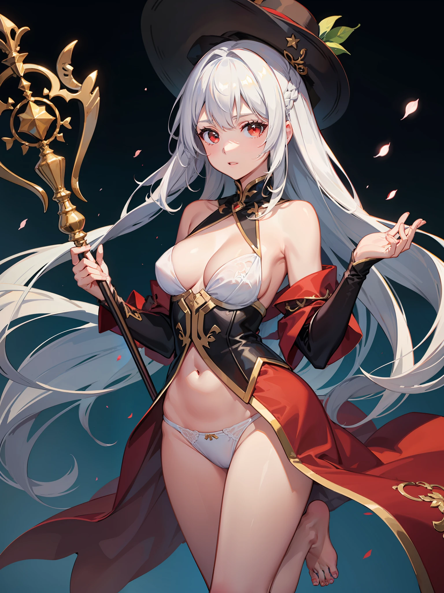 skadiCH hairstyle, Costume - Scatić, 1girll, long whitr hair, 独奏, Red eyes, nedium breasts, long whitr hair, The barefoot, staff member, greyt hair , By bangs, naked leg, upper legs, Hold the staff, bucket-hat, aqua headwear, mediuml breasts,A pair of white panties hangs from one leg,Critical area occlusion