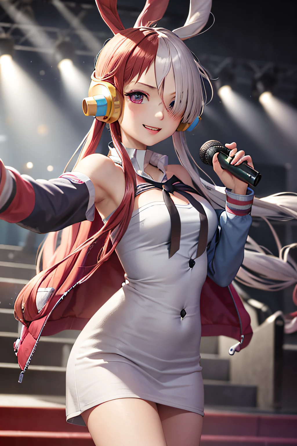 masutepiece, Best Quality, hight resolution, 1girl in, split-colored hair, Hair over one eye, Red hair, multicolored hair, Long hair, Purple eyes, Two-tone hair, hair rings, headphones, White hair, Bangs, Very long hair, medium breasts, Long sleeve, Open jacket, School uniform, on a stage, Smile, Reaching out, holding microphone, (Strapless:1.2)