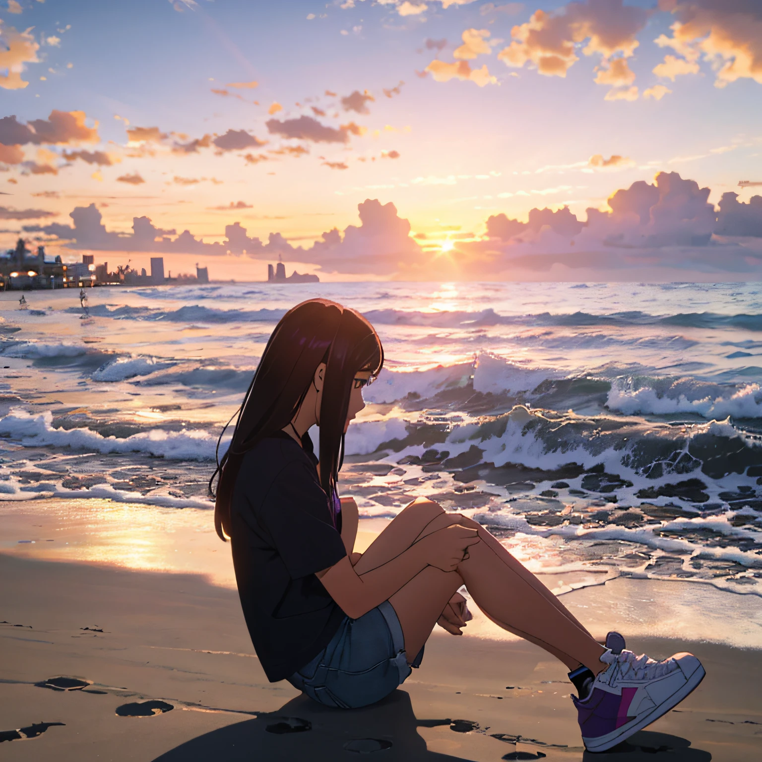female high-school student，beachside，setting sun，Gorgeous Hair in Long Purple，black shirt，Black  shorts，White sneakers --auto