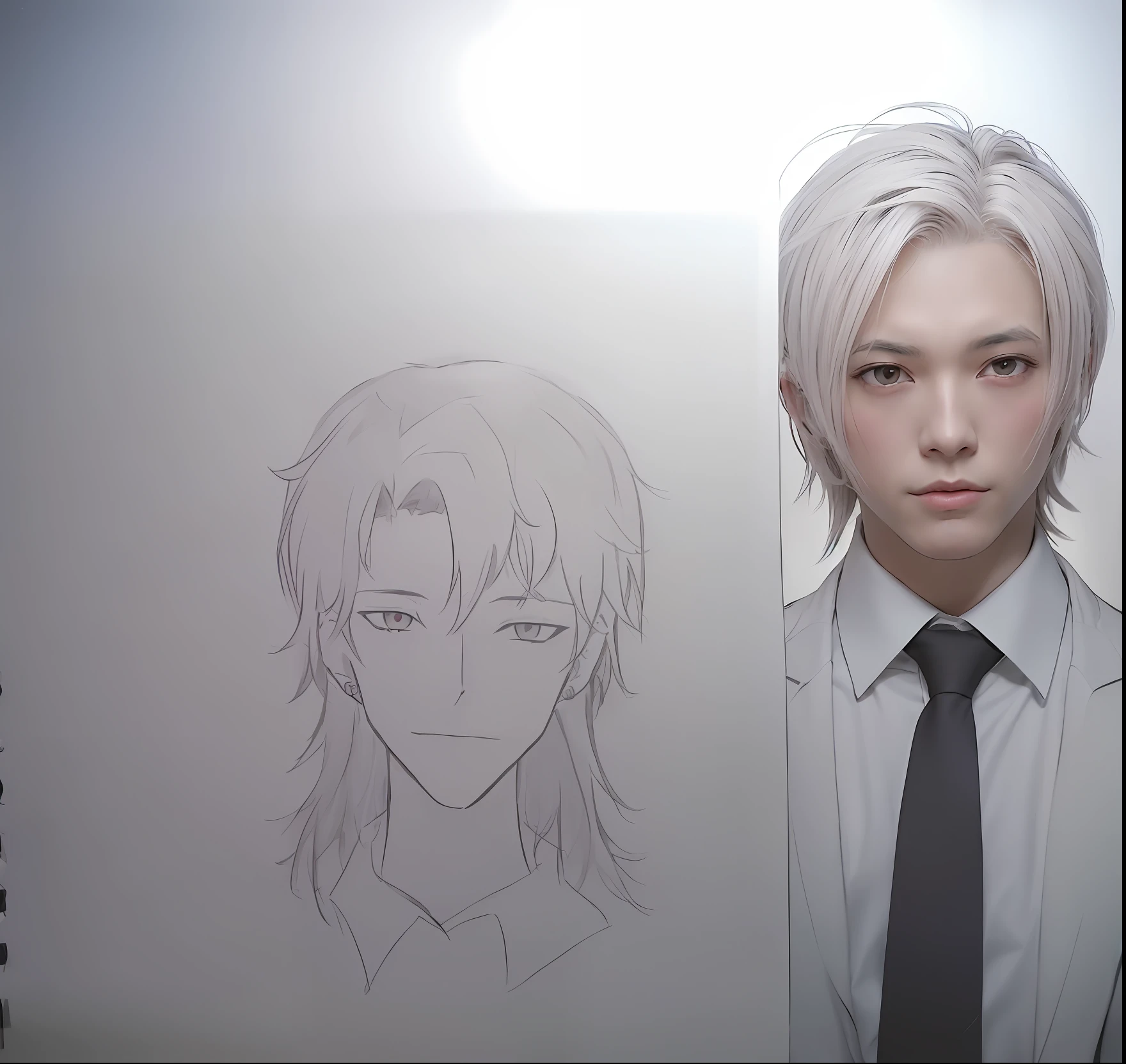 (Anime portrait of handsome man,It is mainly based on Kentaro Miura's manga style),lead(Events in which X individuals participate,The X value is customizable),The portrait is of a male anime character,long whitr hair,With a tie,Paired with anime shadow effects,The author is Yuki Ogura。