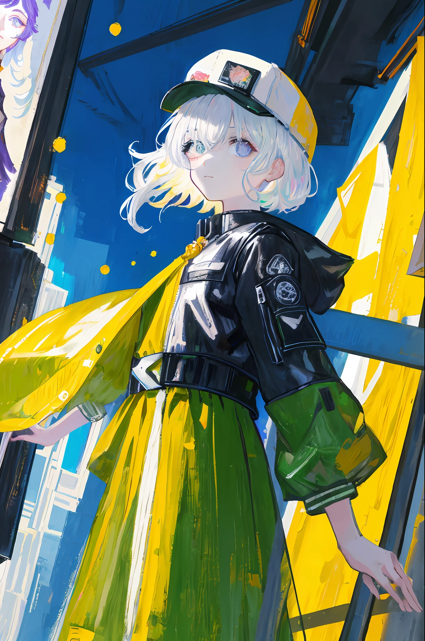 masterpiece, best quality, 4k, UHD, mishoujo, painting, beautiful eyes and detailed face, illustration, beautiful detail, high resolution illustration, glowing_white_particles, 1girl, white hair, lilac eyes, on one eye hair, short side tail, baseball cap, deadpan, curtains, black jacket, chest gear, cyberpunk, tech outfit, (Impressionist: 1.4), Vincent van Gogh
