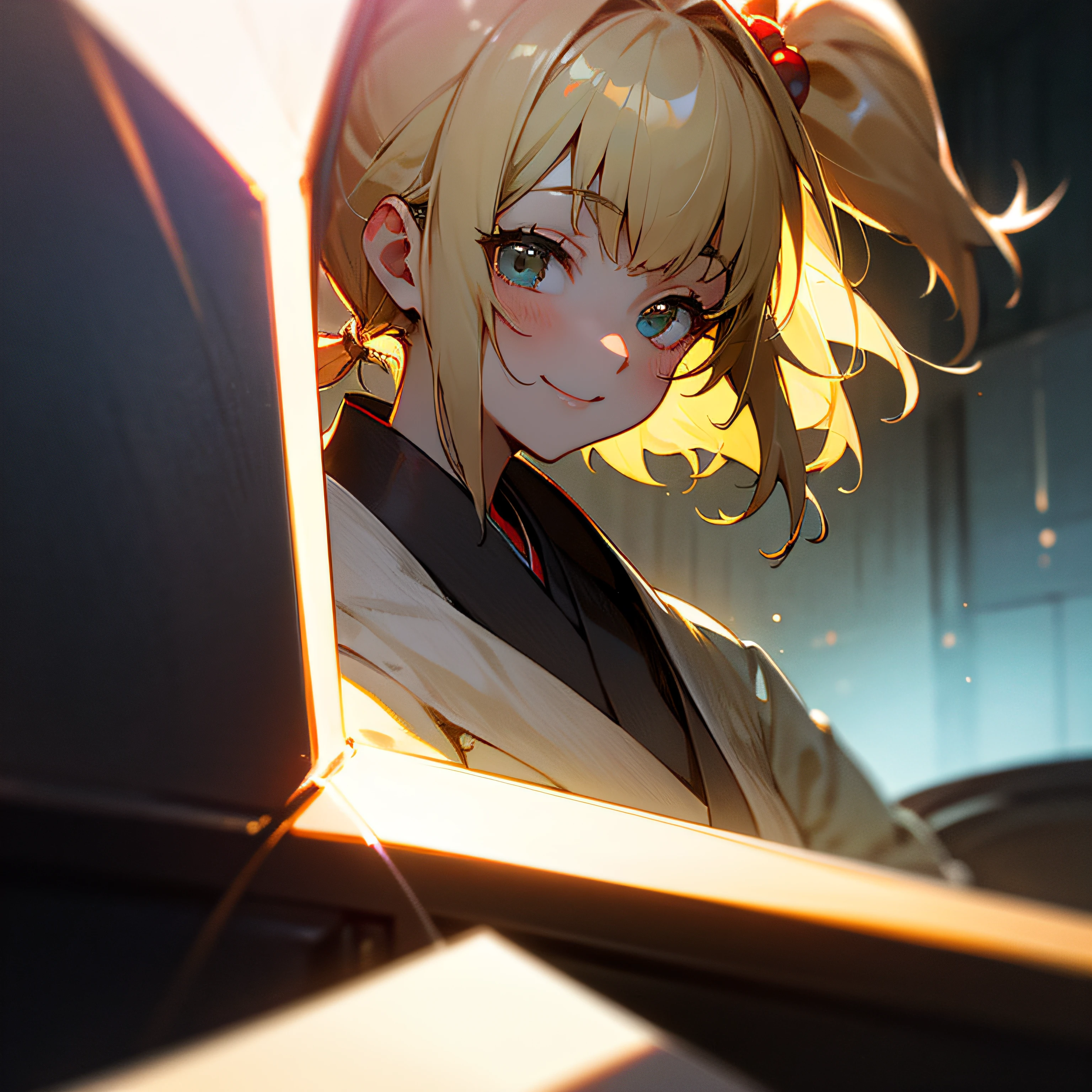 Blonde hair, Huge dull hair, pony tails, Smile, High detail, Glowing light, From the outside, hyper HD, hyper HD, A high resolution,Japanese high school girl,jk --auto