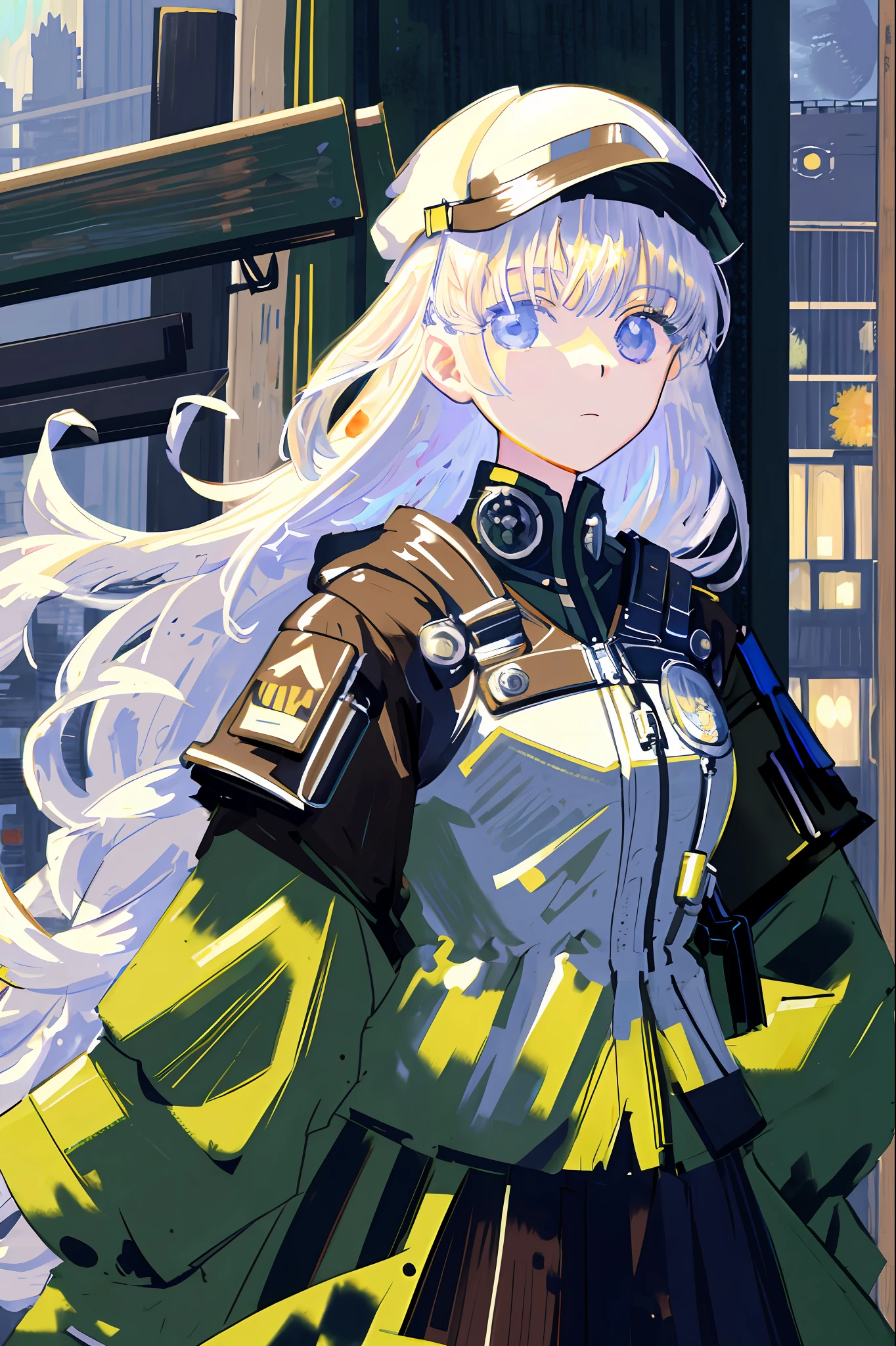 masterpiece, best quality, 4k, UHD, mishoujo, painting, beautiful eyes and detailed face, illustration, beautiful detail, high resolution illustration, glowing_white_particles, 1girl, white hair, lilac eyes, on one eye hair, short side tail, baseball cap, deadpan, curtains, black jacket, chest gear, cyberpunk, tech outfit, (Impressionist: 1.4), Vincent van Gogh