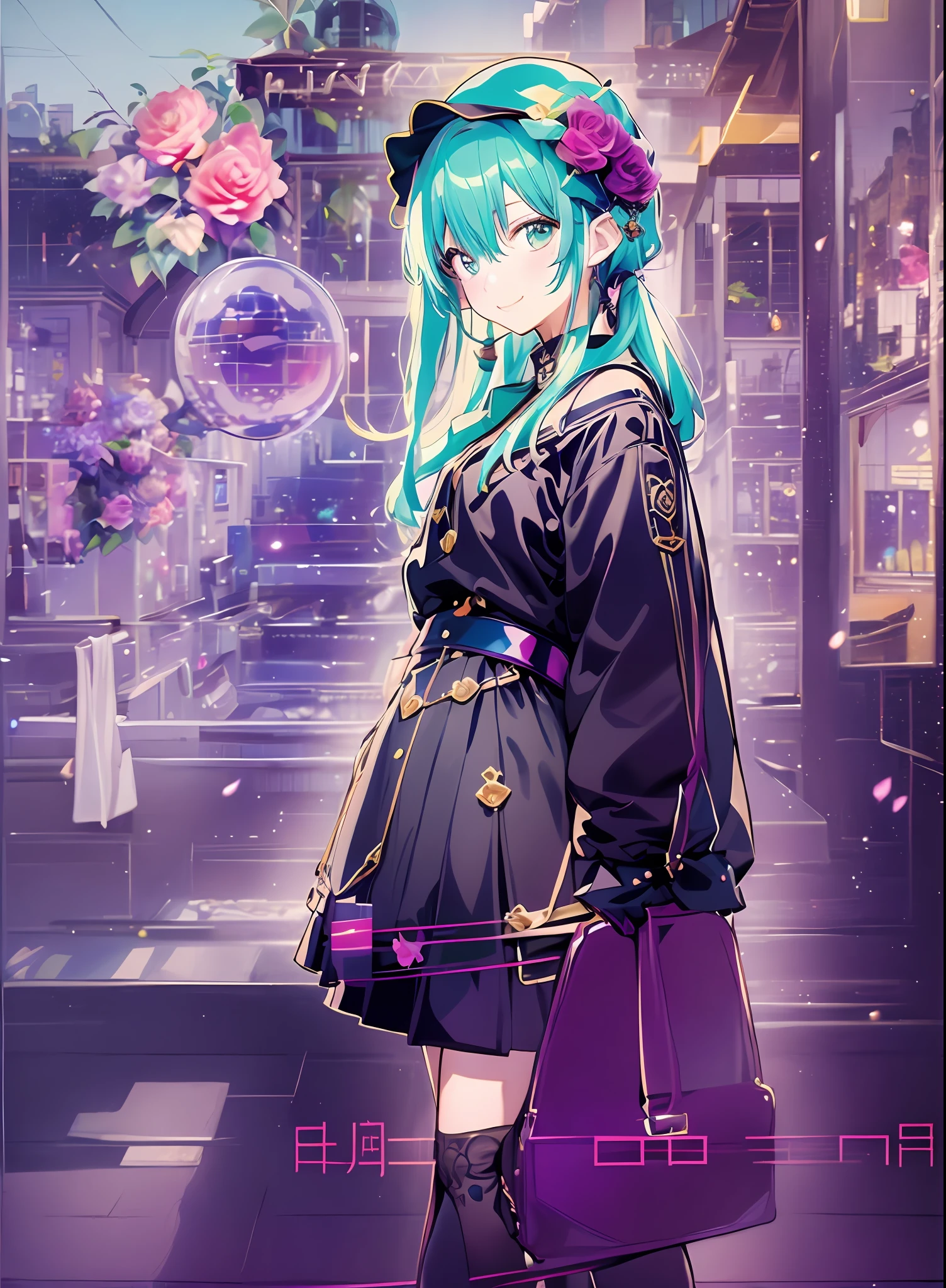 ART ofject of Picasso and Renoir, glad、Shy laughter、Gentle expression、higher detailed character facees, Konmutsuki_gacha_series1, punk_rosette, cute girl, aqua color flowers, full body, elegant flowers background