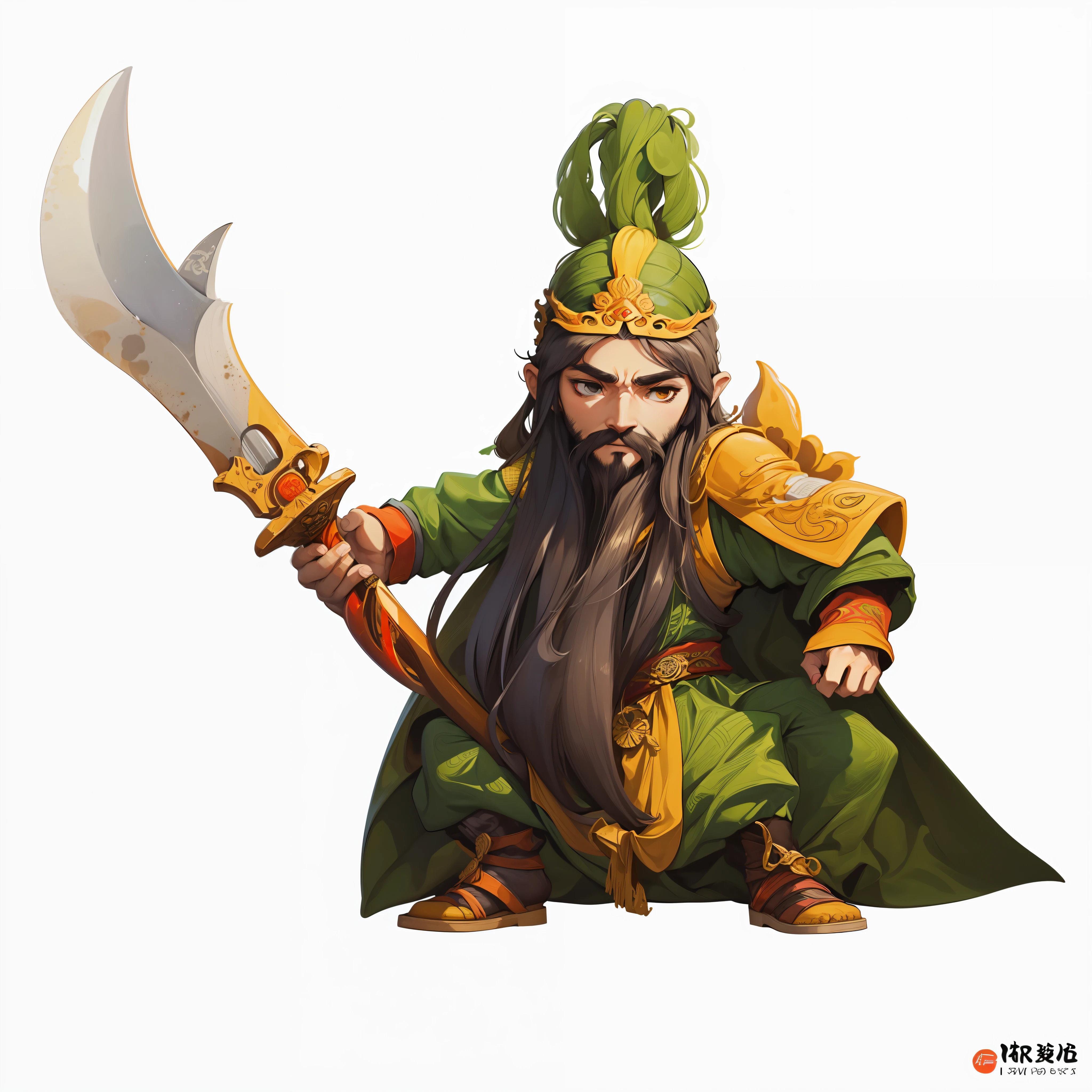 The image of Guan Yu in the Romance of the Three Kingdoms，Q version，Green clothes，Large knife in hand，tmasterpiece，最好质量，Highest high resolution