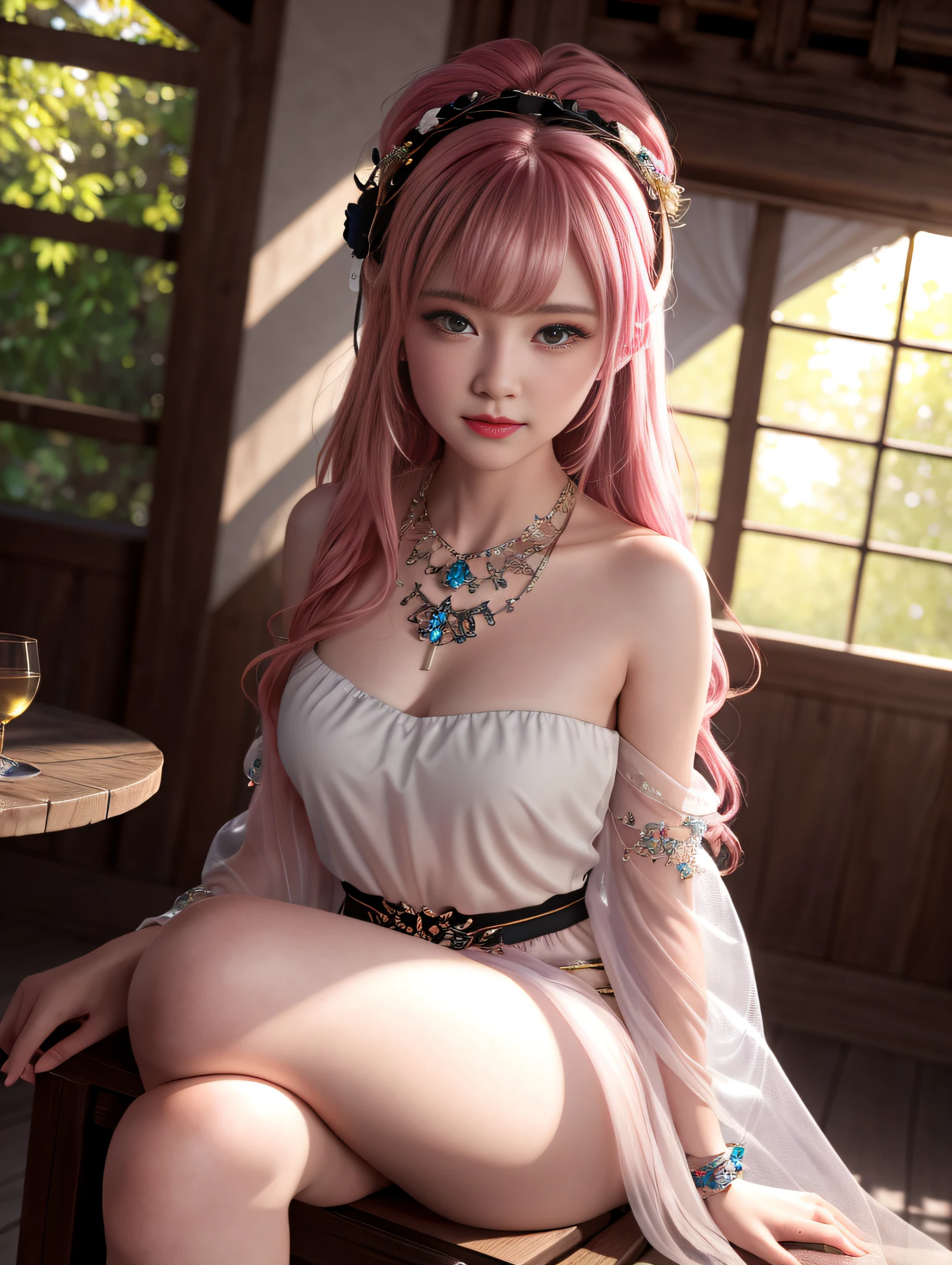 pink hair, curly hair, Ukiyo-e, modern, cinematic lighting, reflection light, ray tracing, bust chart, wide shot, Ultra-Wide Angle, UHD, ccurate
