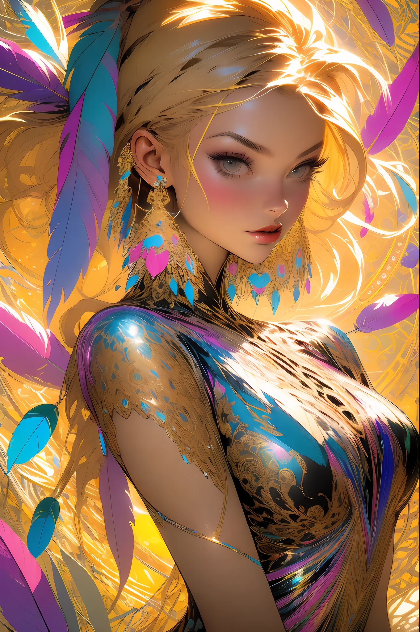 A Women in her 30 with medium breasts, bare shoulders, golden hair, colored feathers, metal ornaments, colored flowers, particles, light rays, (masterpiece, top quality, best quality, official art, beautiful and aesthetic:1.2), (1girl:1.3), extremely detailed,(fractal art:1.1),(colorful:1.1)(flowers:1.3),highest detailed,(zentangle:1.2), (dynamic pose), (abstract background:1.3), (shiny skin), (many colors :1.4), ,(earrings:1.4), (feathers:1.4), 30 year lady, women, adult, 30 year