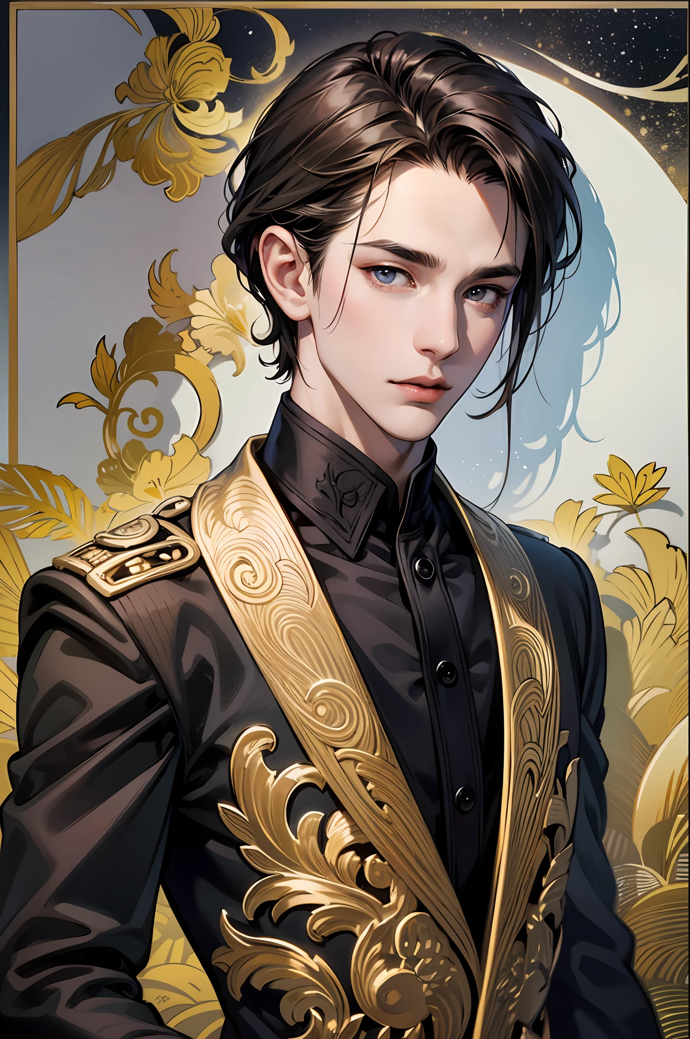 (hoang lap,A high resolution,ultra - detailed,hdr),tmasterpiece,best qualtiy,1boy,独奏,Handsome,short detailed hair,dark brown hair,Fine eyes and detailed face,In black suit,(Pale and white skin),looki at viewer,Ear stitching,