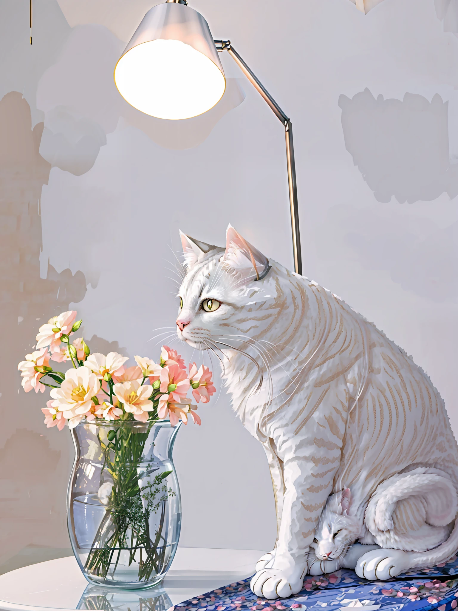 There was a white cat sitting on the table,Next to it is a vase of flowers, cat on the table in front of her, on a white table, cat on the table, exotic shorthair cat, elegant cat, With flowers, beautifully soft lit, portrait of a white cat, soft light from the side, Come out of her lamp, sitting with flowers