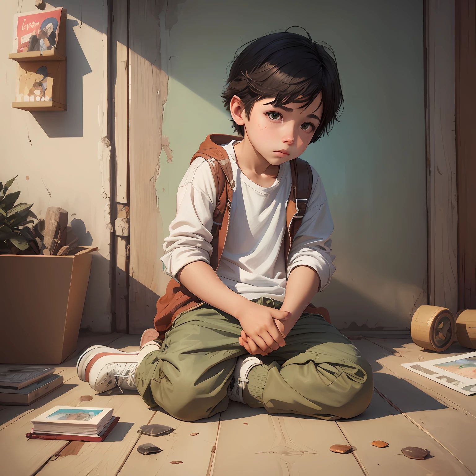There was a sitting on the floor,with hands resting on knees, childrens art in artstation, lovely digital painting, pouty look :: rendering by octane, Guviz-style artwork, Personagem pequeno. Unreal Engine 5, Makoto Shinkai. rendering by octane, Makoto Shinkai. a digital rendering, digital art render, ultra realistic 3d illustration