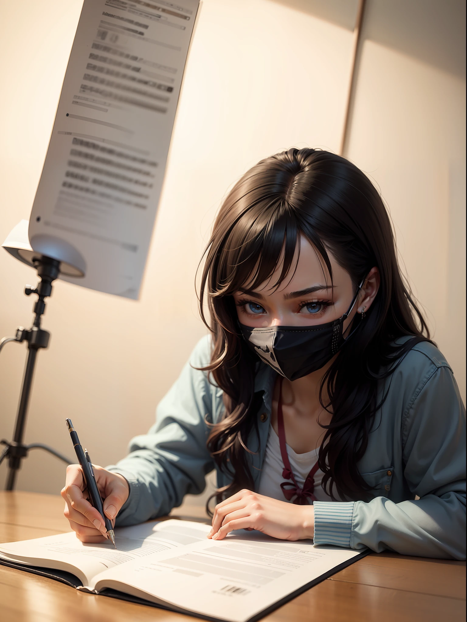 Wear a mask，A girl who is writing