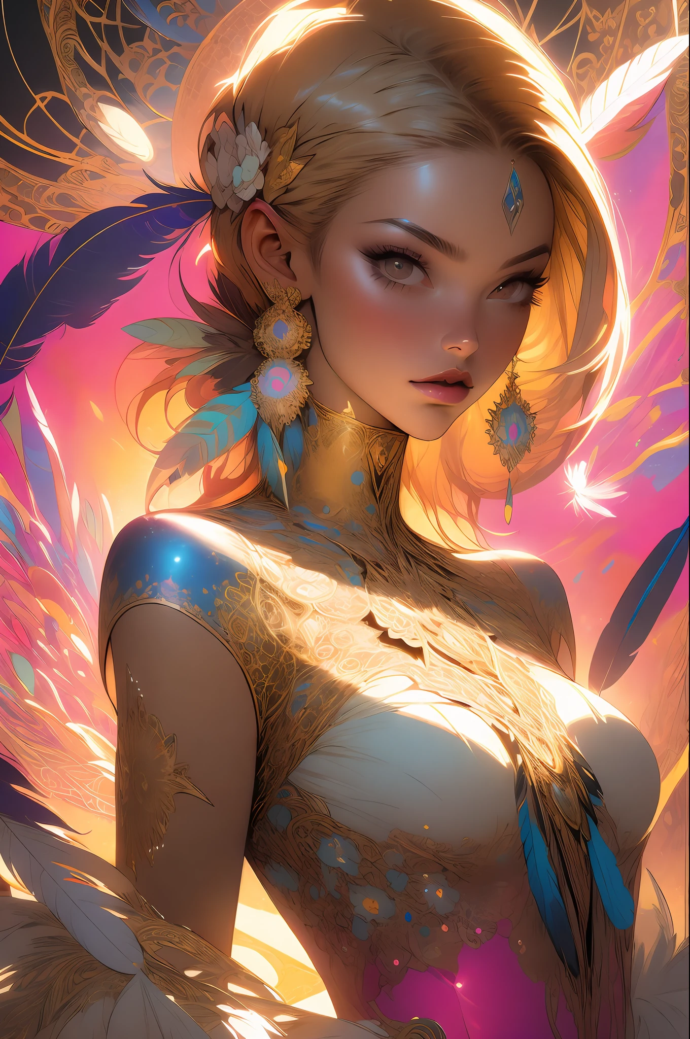 A Women in her 30 with medium breasts, bare shoulders, golden hair, colored feathers, metal ornaments, colored flowers, particles, light rays, (masterpiece, top quality, best quality, official art, beautiful and aesthetic:1.2), (1girl:1.3), extremely detailed,(fractal art:1.1),(colorful:1.1)(flowers:1.3),highest detailed,(zentangle:1.2), (dynamic pose), (abstract background:1.3), (shiny skin), (many colors :1.4), ,(earrings:1.4), (feathers:1.4), 30 year lady, women, adult, 30 year