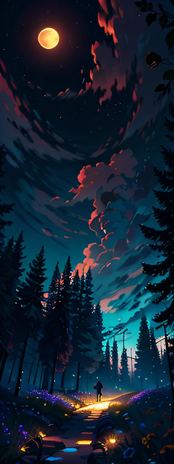 A wide landscape photo, (viewed from below, the sky is above, and the open field is below), a girl standing on a flower field looking up, (full moon: 1.2), (meteor: 0.9), (nebula: 1.3), distant mountains , Trees BREAK Crafting Art, (Warm Light: 1.2), (Firefly: 1.2), Lights, Lots of Purple and Orange, Intricate Details, Volumetric Lighting BREAK (Masterpiece: 1.2), (Best Quality), 4k, Ultra Detailed, (Dynamic Composition: 1.4), Rich in Detail and Color, (Rainbow Color: 1.2), (Glow, Atmospheric Lighting), Dreamy, Magical, (Solo: 1.2)
