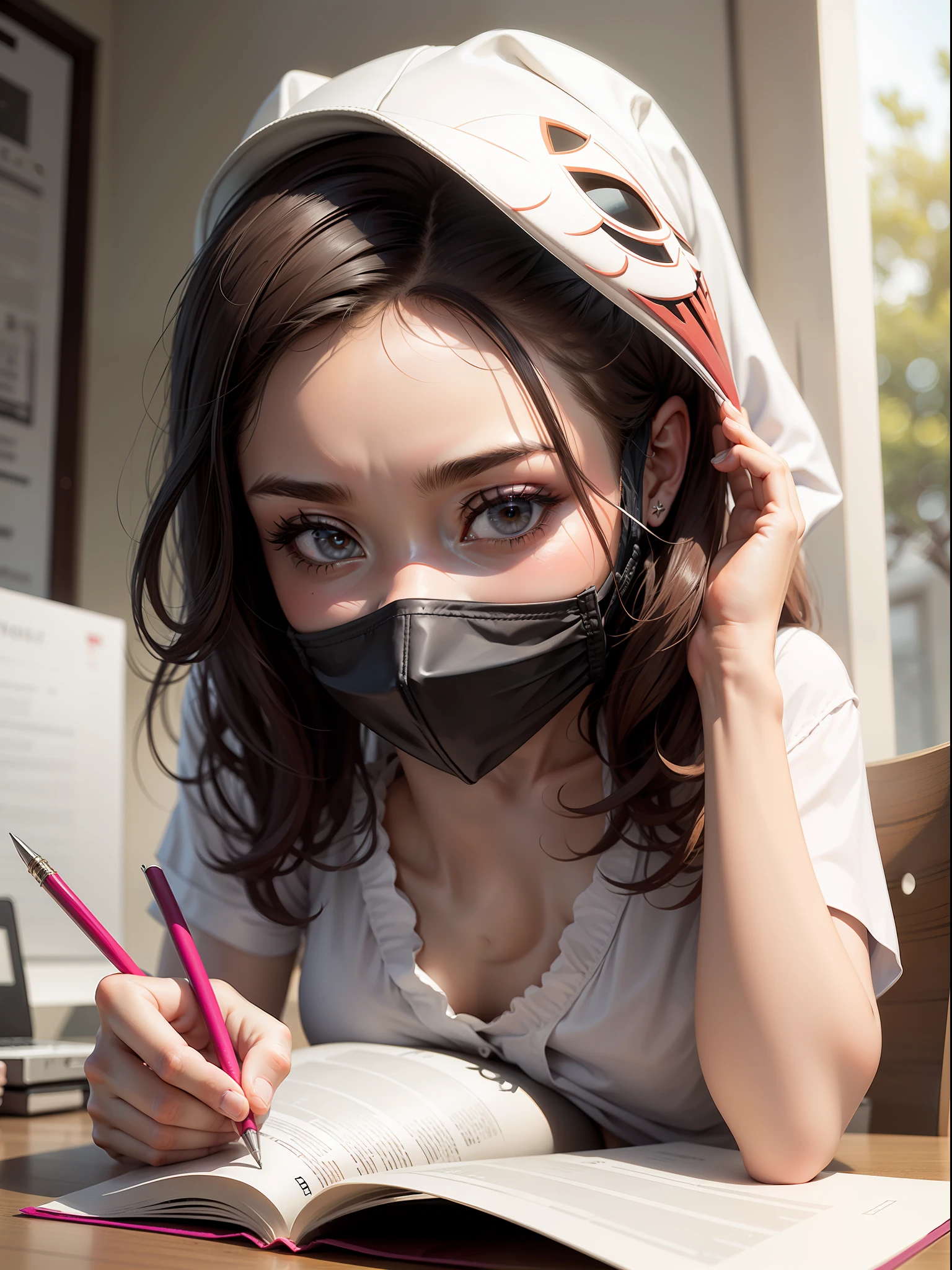 Wear a mask,A girl who is writing