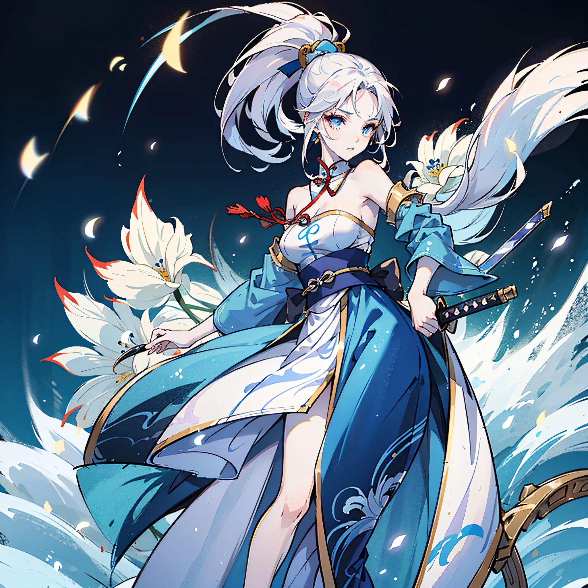 full-body xianxia，xianxia fantasy，A woman in a long dress，Surrounded by blue-white snowflakes，With a high ponytail，White skin，Long sword in hand，a blue dress，The pattern is complex，Princess temperament ，Inspired by Gu Qinghan --auto